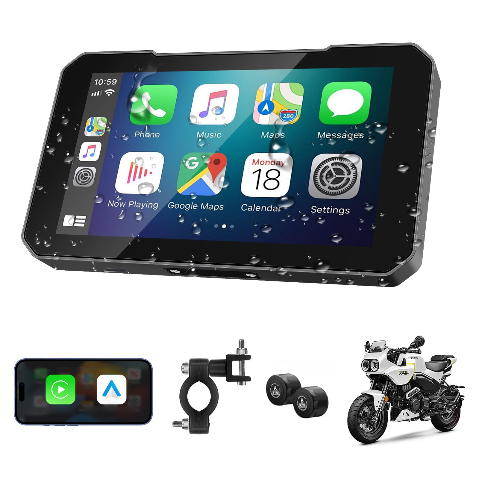 EZoneTronics Pantalla Carplay para Motocicleta, CarPlay Inalámbrico y Android Auto para Moto, Pantalla Portátil Impermeable IP67 de 5 Pulgadas con Bluetooth, TPMS, navegación GPS y Control por Voz - 1