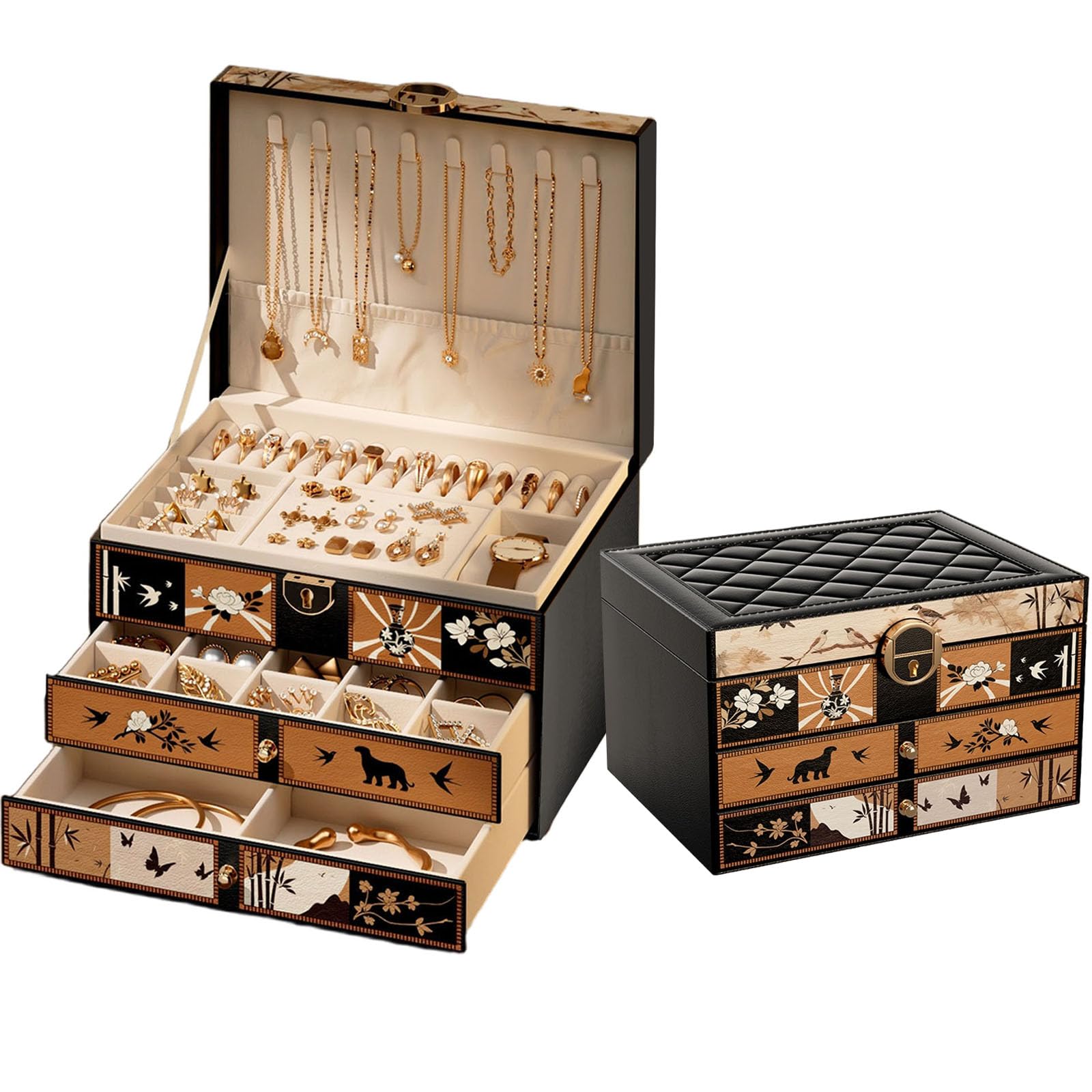 Portagioie Donna da Camera a 3 Livelli con 2 Cassetti, Porta Gioielli da Comodino e Organizer Gioielli Elegante e Pratico per San Valentino, Natale e Festa della Mamm (Black)