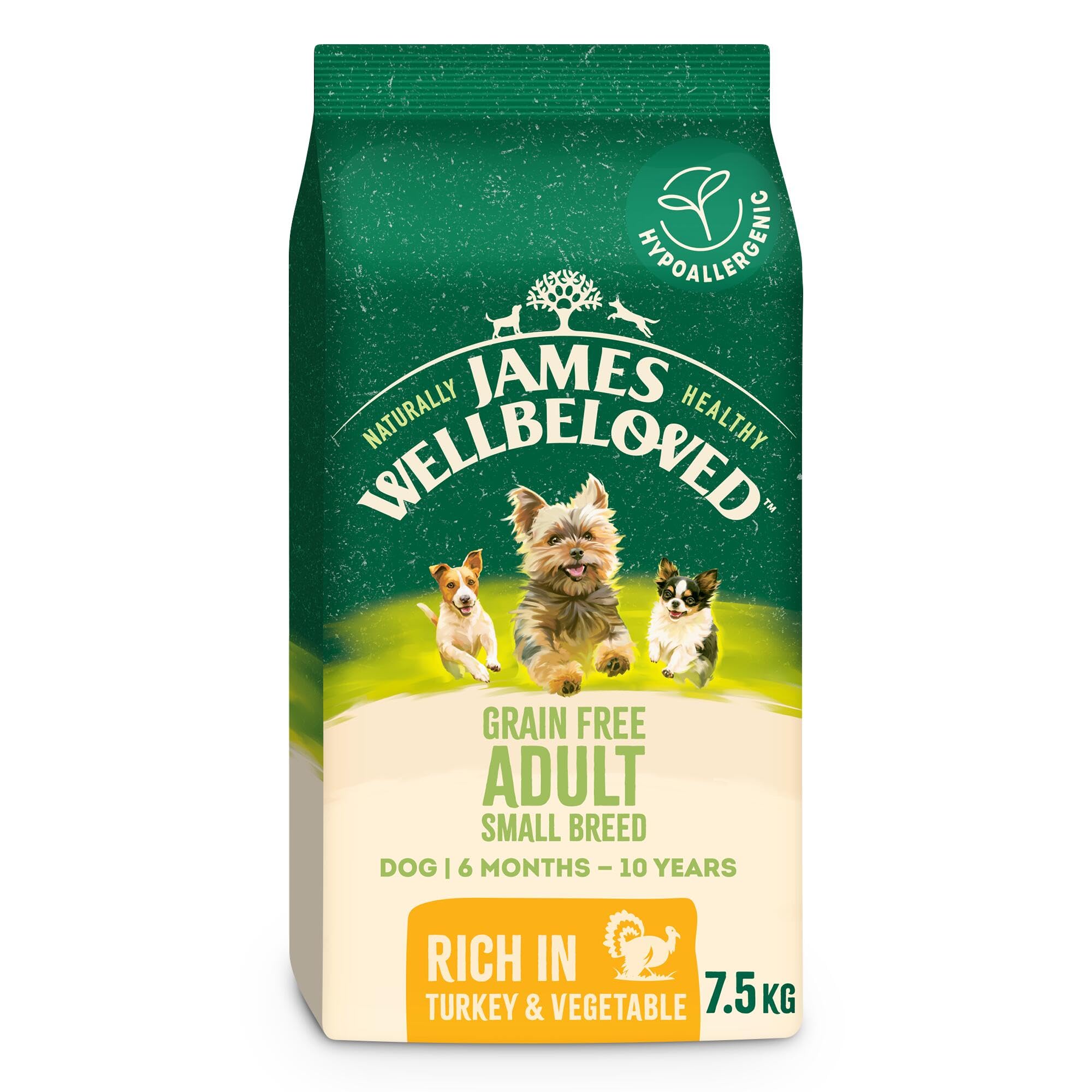 James Wellbeloved Hypoallergenic Dry Dog Food for Adult Small Breed Grain Free Turkey 7.5 kg