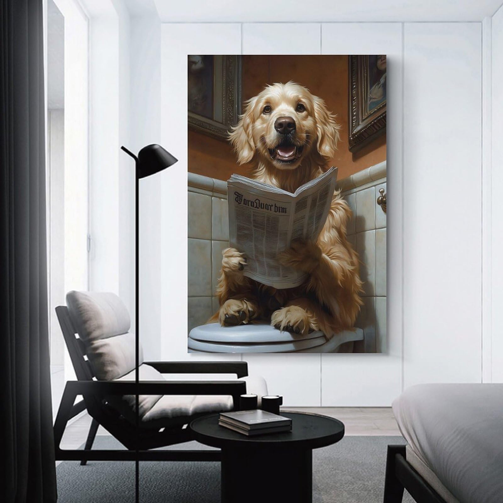 Junmoney Canvas Wall Picture Golden Retriever Reading Newspaper on Toilet, 08x12inch(20x30cm), for Home Lounge, Bedroom Or Reading Nook, A Home Accent with Warm Character