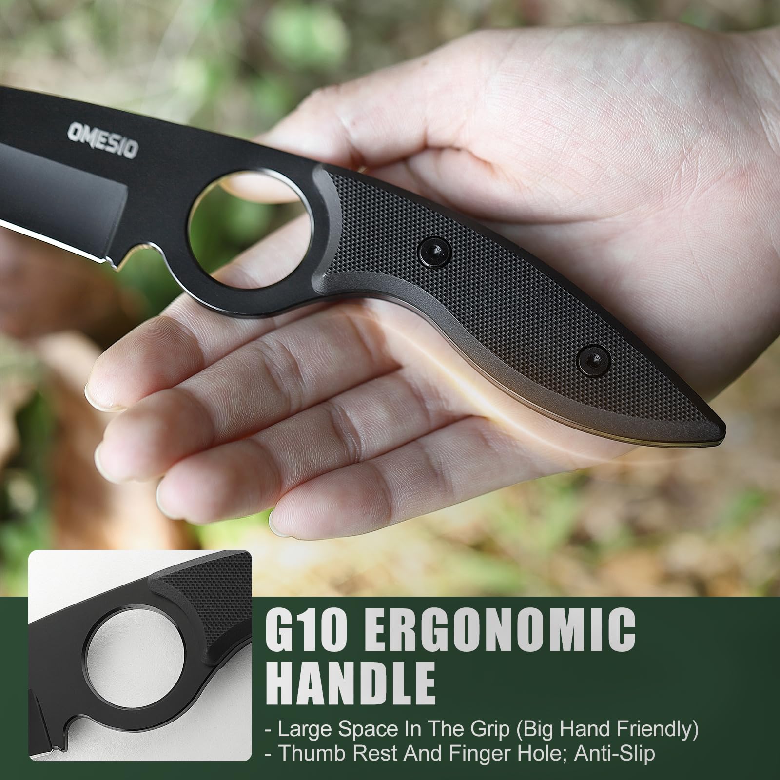 Omesio Grand couteau d'extérieur Excellente qualité 5CR13MoV acier full Tang - Lame de couteau fixe 8,5 cm - Grand de ceinture avec manche ergonomique G10 - Etui Kydex et clip inclus(Noir)