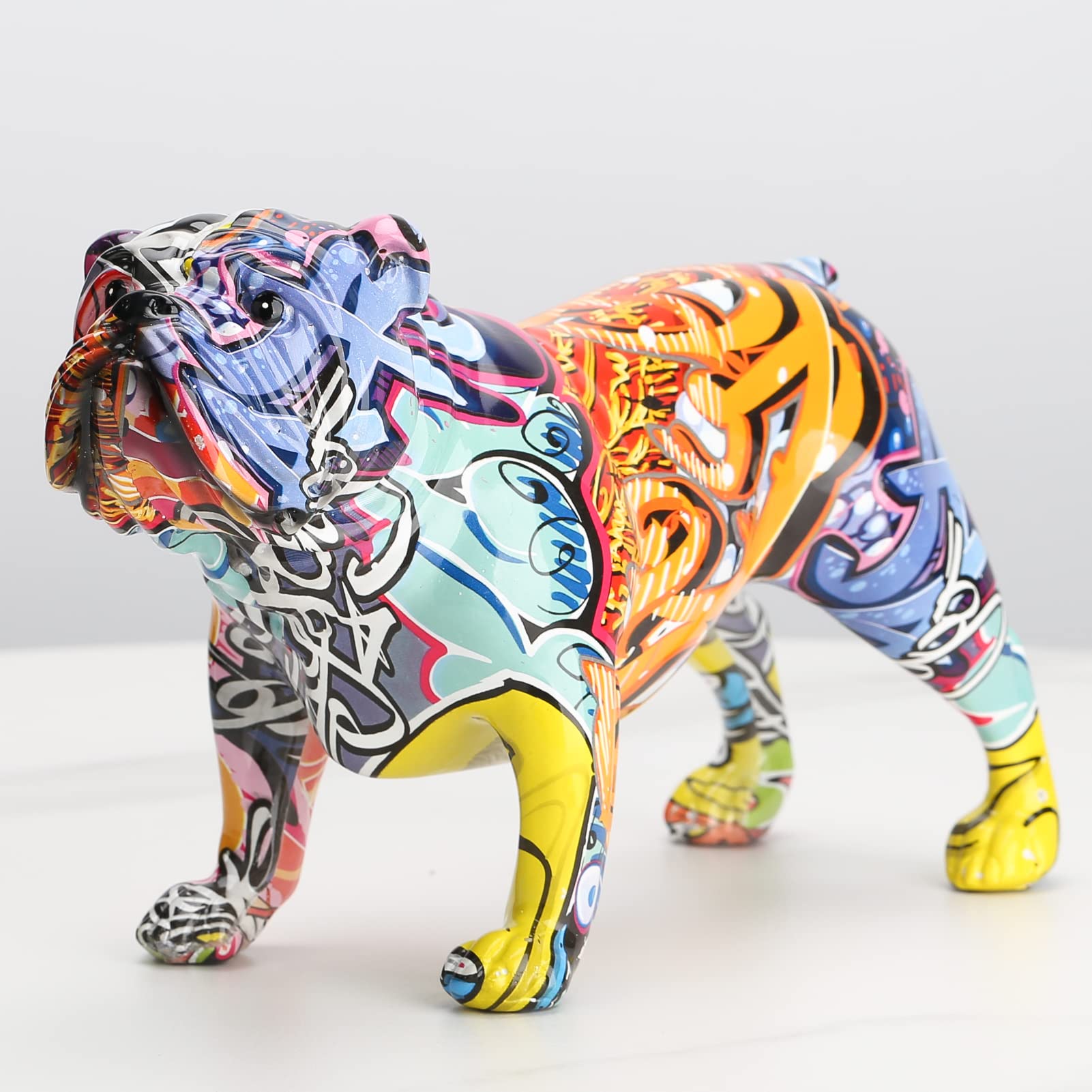 XIAOMAGGCreative English Bulldog Figurines Graffiti Art Animal Ornament Modern Colorful Bulldog Sculpture for Standing Collectible,TV Cabinet,Bedroom (Orange-A)