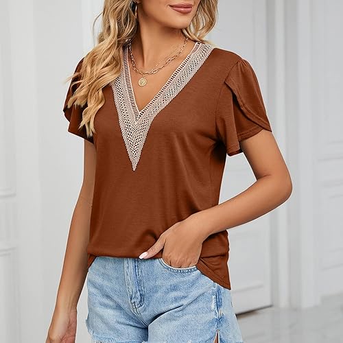 Miniatura 2 de Summer Casual V Neck Short Sleeve Tops Ruffle Sleeve Plain Trendy T Shirts Beach Clothing