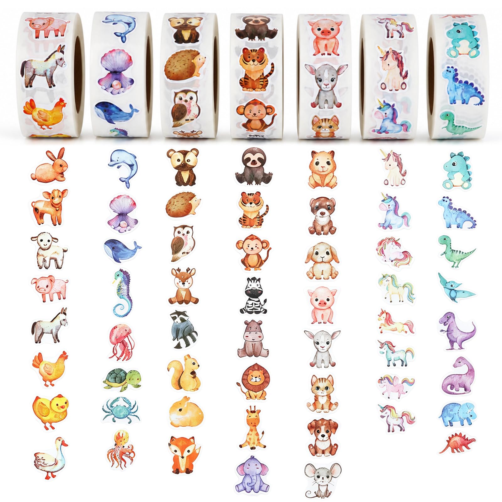 3500 PCS Cute Animal Stickers Roll, 7 Rolls Stickers for Kids Self Adhesive, Farm Shark Unicorn Dinosaur Stickers for Kids Girls Incentives Scrapbook Envelope Seals Party Favor DIY Craft