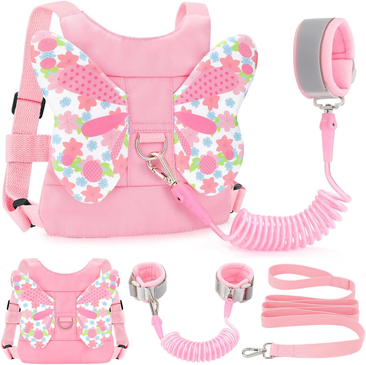 FITARTS Anti Lost Wrist Link + Toddlers Leash 2 packs Child Walking Safety Harness Kids Wristband Assistant Strap Belt (Butterly pink)