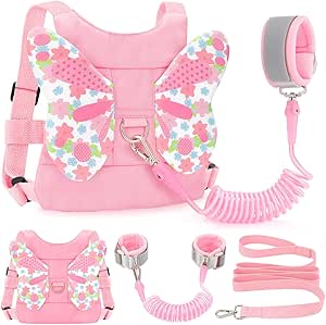 Toddlers Leash + Anti Lost Wrist Link Child Kids Safety Harness Kids Walking Wristband Assistant Strap Belt for Girl Pink (Butterfly, PINK)
