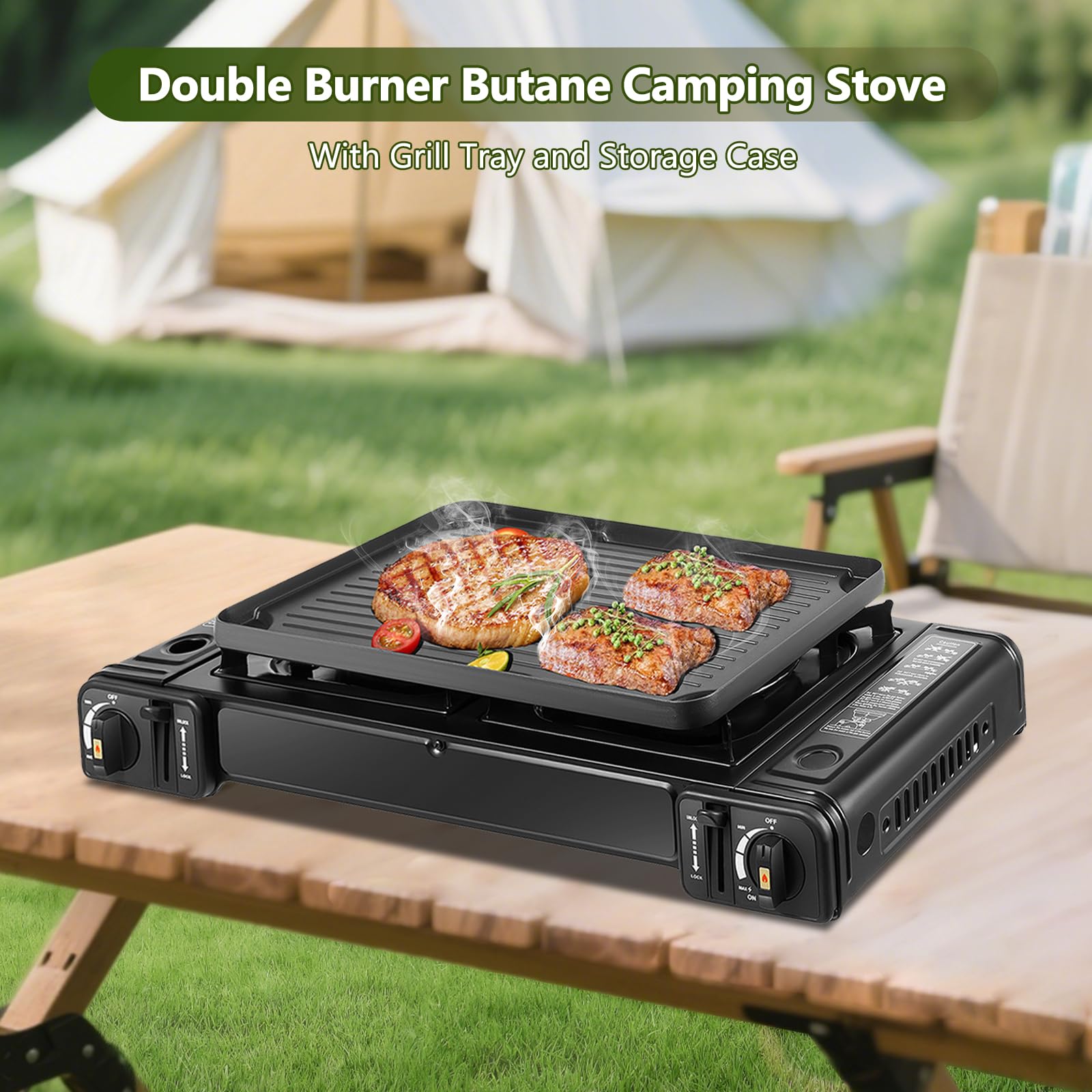 Fornello a butano a doppio bruciatore, kit da campeggio con teglia da forno e custodia per il trasporto, bruciatore portatile a gas a gas per camper, appartamenti, esterni