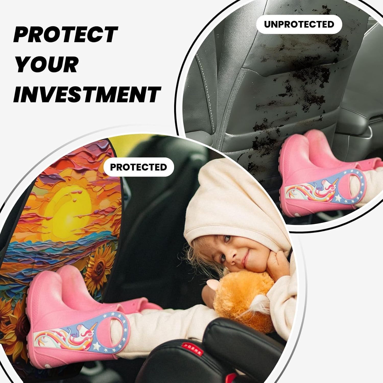 Car Seat Back Kick Protector 2 Pack 18.5x26.4 Inch, Vangogh Sunflower Anti-Kick Pad, Waterproof Oxford Fabric Large Rear Seat Cover for Kids Pets Fits SUV Jeep Truck Sedan