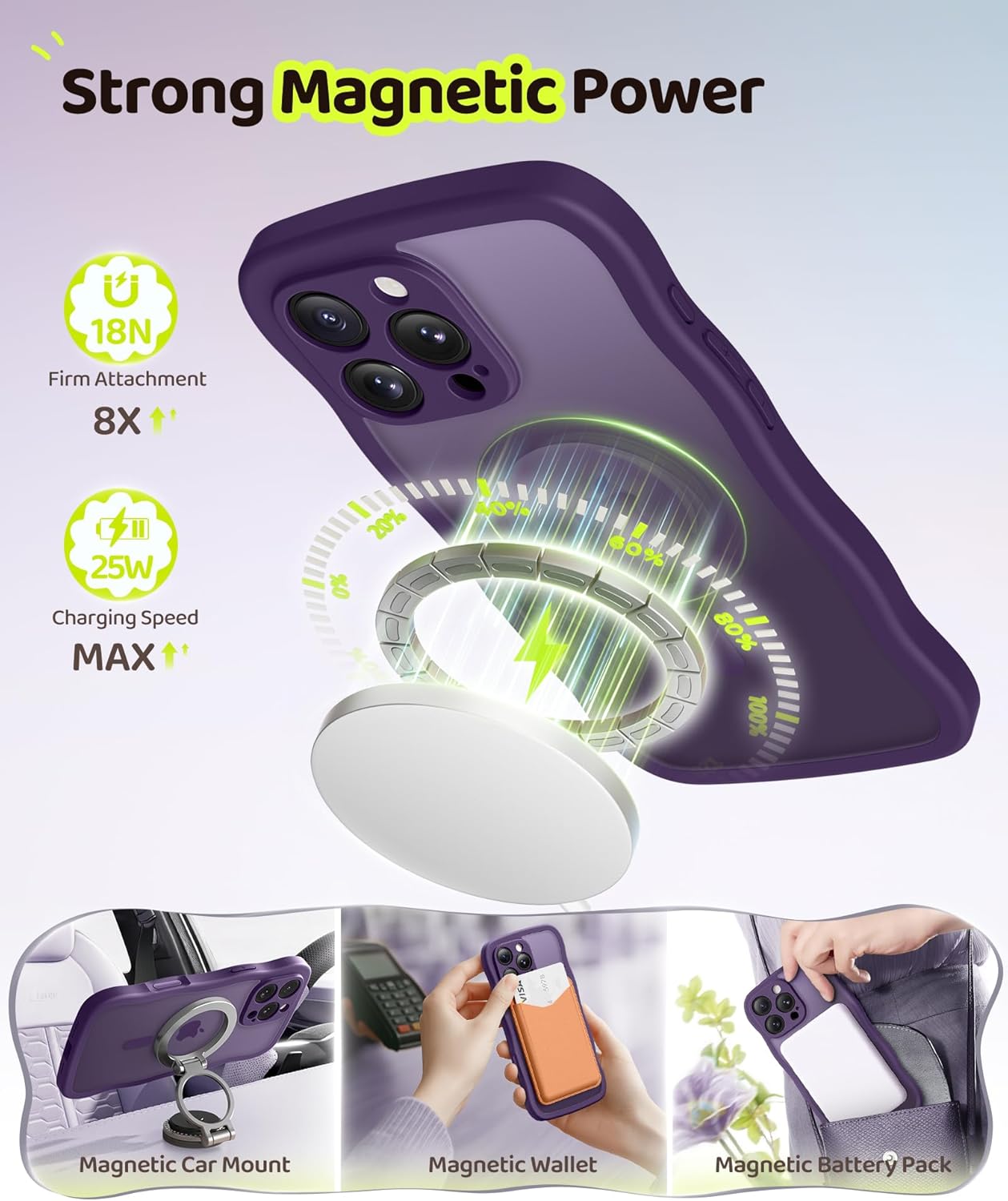 BERFY for iPhone 16 Pro Max Case for Women Girls,[Compatible with MagSafe][Built-in Glass Screen Protector and Camera Protection] Cute Wave Matte Full Body Phone Case for iPhone 16 Pro Max,Deep Purple - Image 4