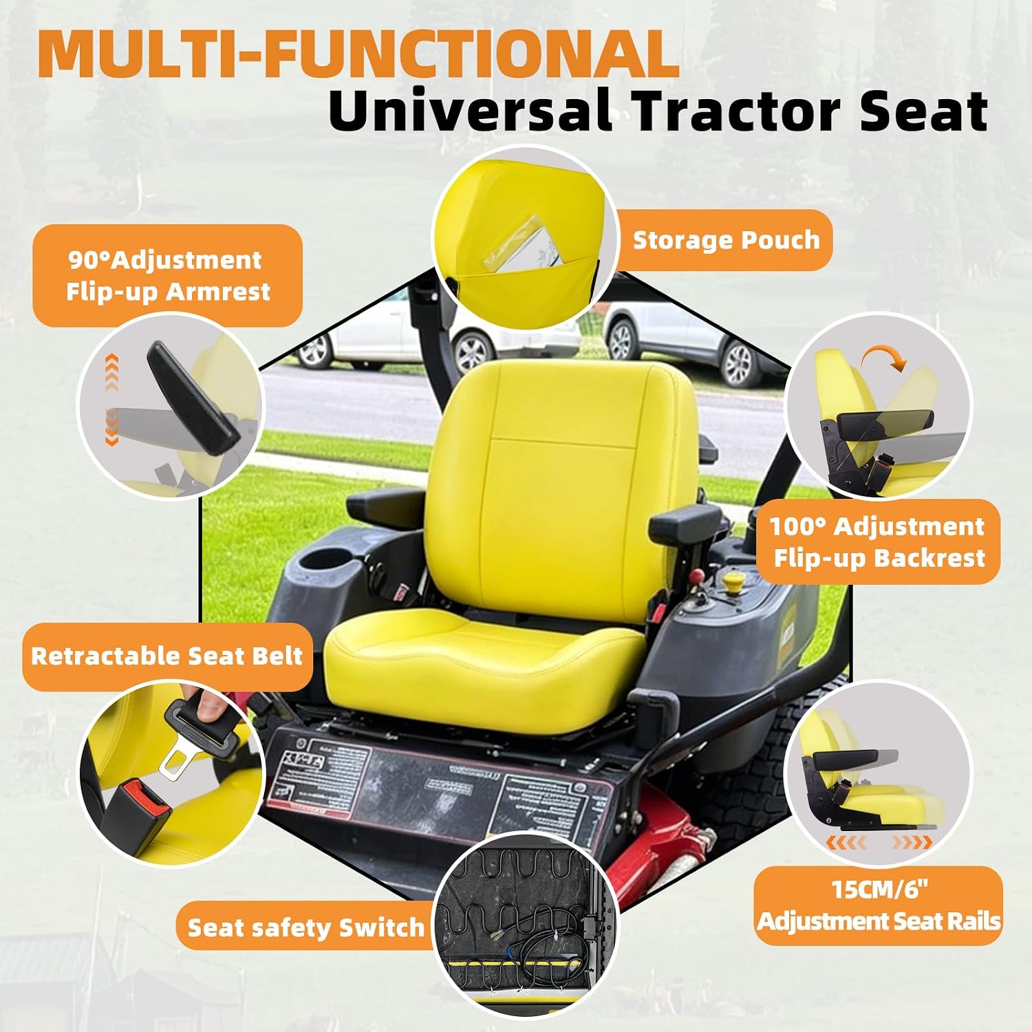 Universal Yellow Tractor Seat,Replacement Zero Turn Mower Seat with Adjustable Armrest, Safety Belt & Micro Switch fits John Deere, Skid Steer, Riding Equipment,Telehandler, Dozer