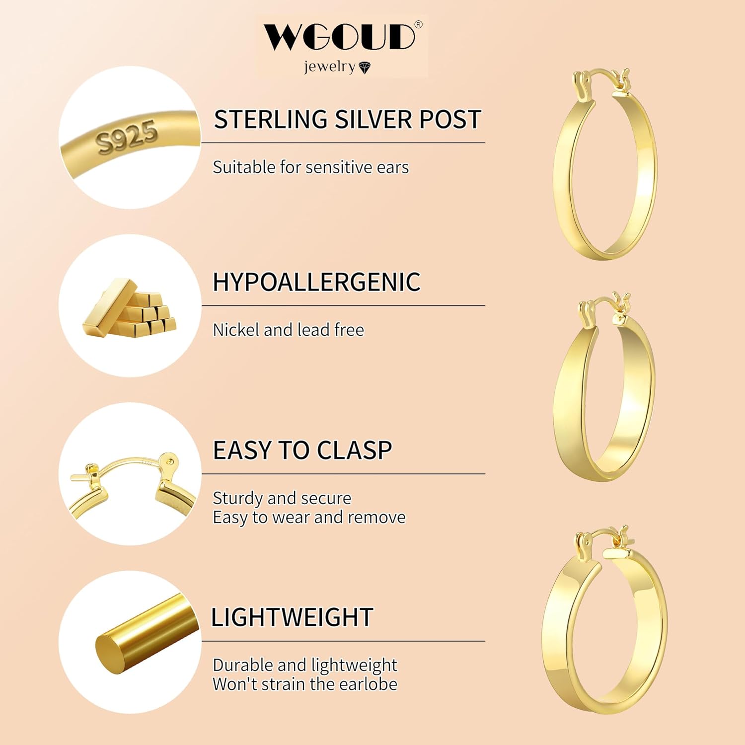 WGOUD 3Pairs 14K Gold Plated Chunky Hoop Earrings Set for Women, Trendy Hoop Earring 925 Sterling Silver Post - Hypoallergenic Thick Lightweight Twisted Hoops Dainty Gold Earrings for Women Jewelry Gifts - Image 3