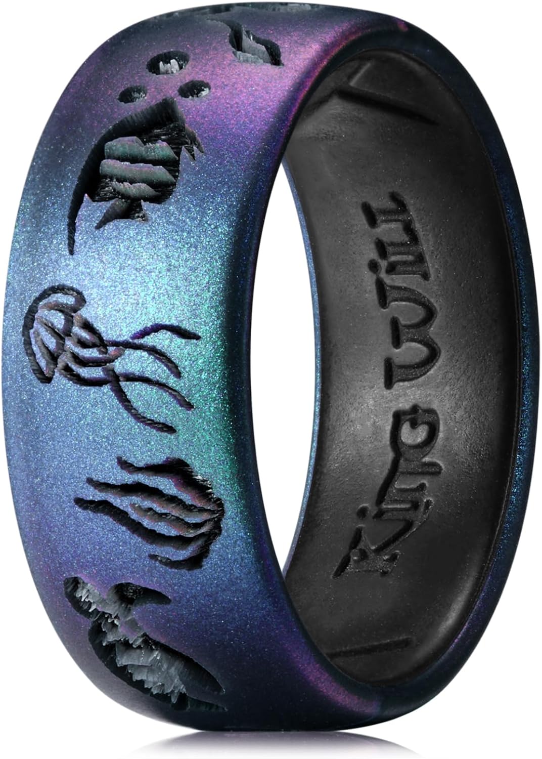 King Will Ocean Silicone Ring for Men Women, Breathable Silicone Wedding Band with Sea Turtle Fish Design, Flexible Rubber Ring Comfort Fit for Gym Work Outdoor