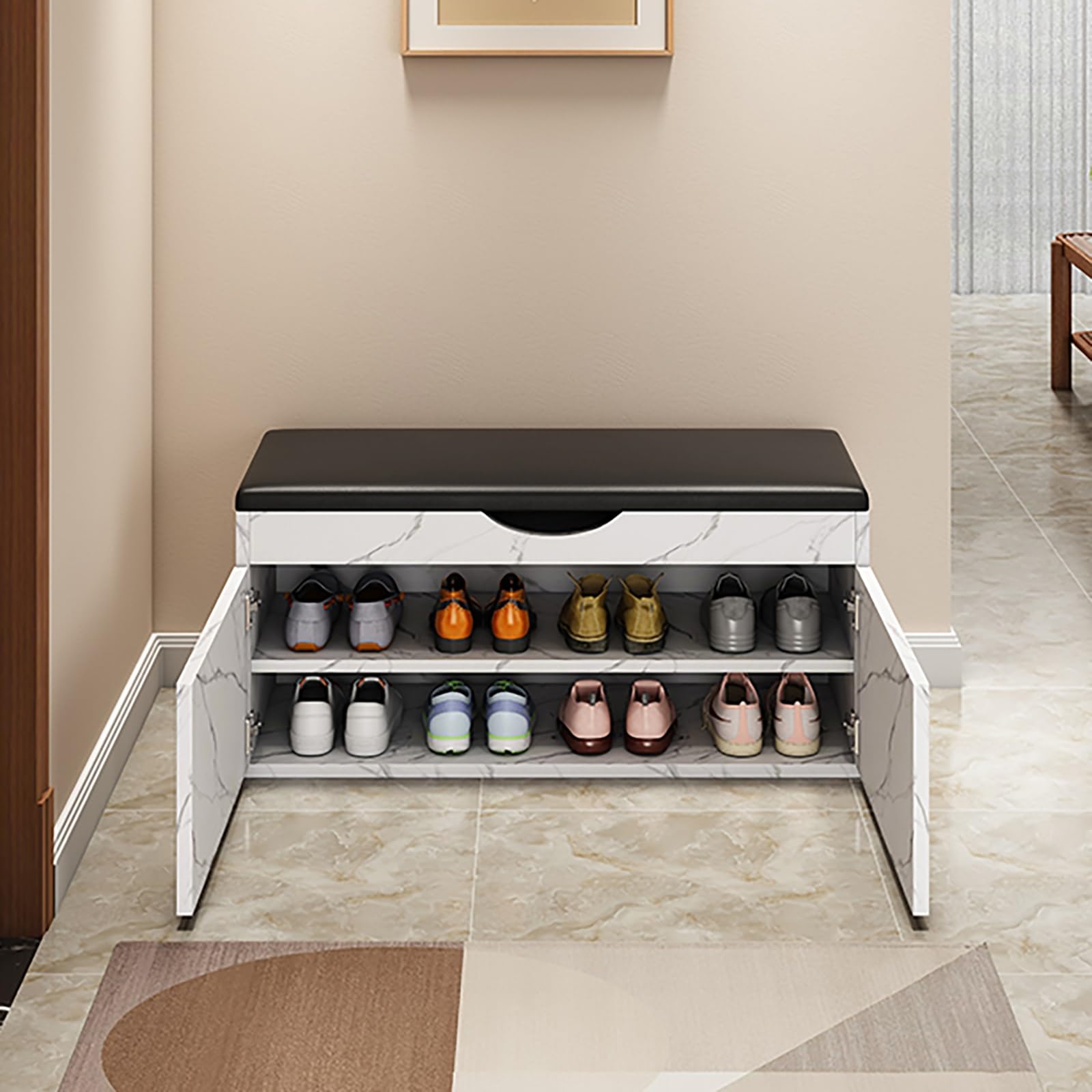 Aioneer Shoe Bench Cabinet With Drawer And Cushion Seat Sturdy Shoe Storage For Entryway Living Room Balcony 2Tier Shoe Rack For Porch Entrance Natural Wood Finish,Grey 100Cm-Natural-100cm