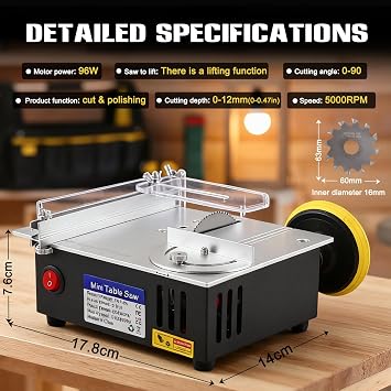 Mini Multi Functional Table Saw, 96W MiniTable Saw Height & Speed & Angle Adjustable, Portable Mini Desktop Saw for Wood Cutting, 7 Speed Small Table Saw for Wood Plastic Acrylic Cutting