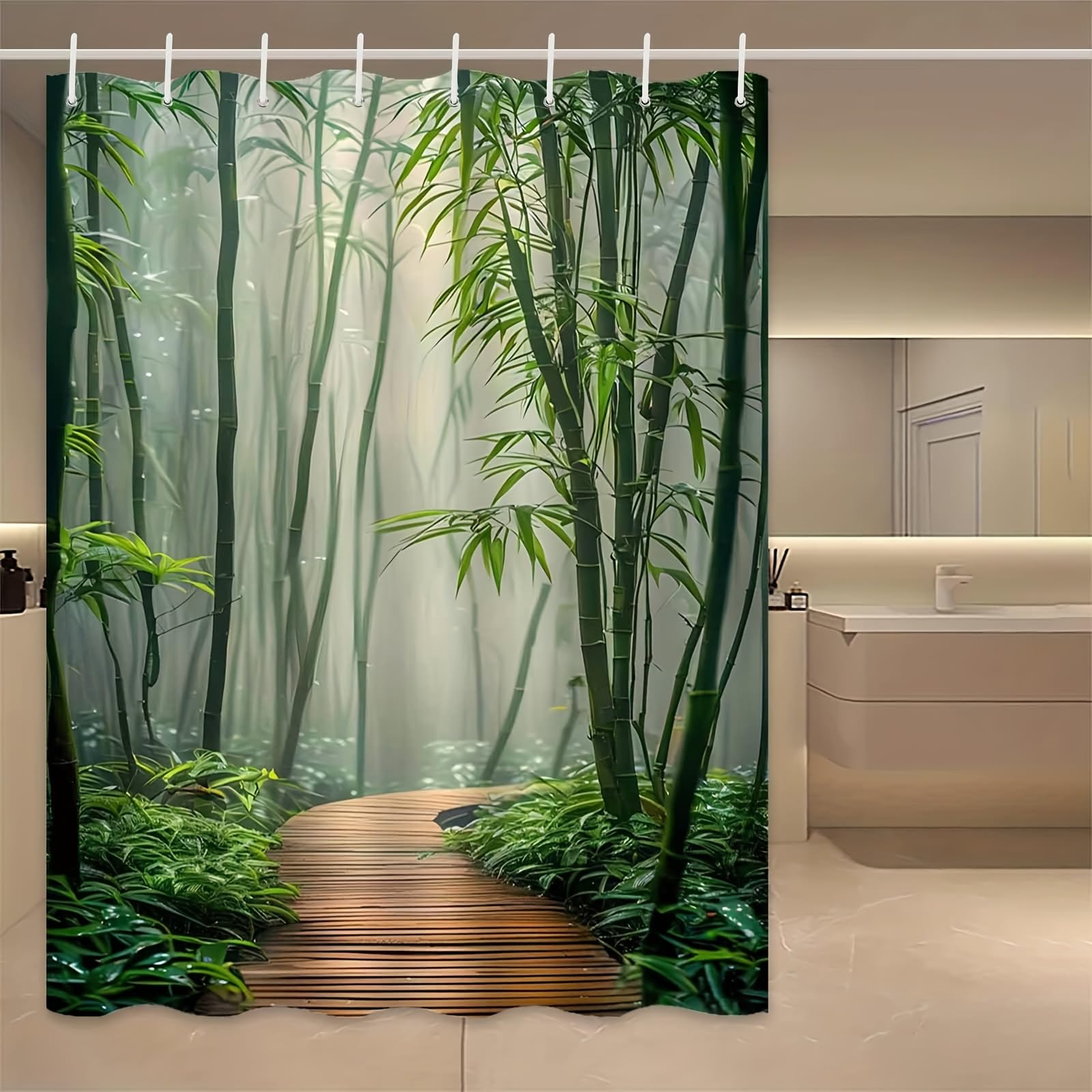 1 Duschvorhang mit chinesischem Hainmotiv, wasserdichter Stoff mit botanischem Pflanzenmuster, Badewannenvorhang mit Haken (300 x 170 cm/B x H)