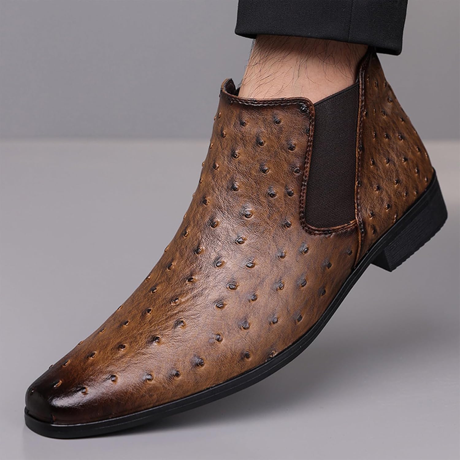 Men's Leather Elastic Panels Slip On Low Block Heel Chelsea Boots Pointed Toe Comfortable Breathable Non Slip Vintage Ankle Boots for Business Prom Wedding