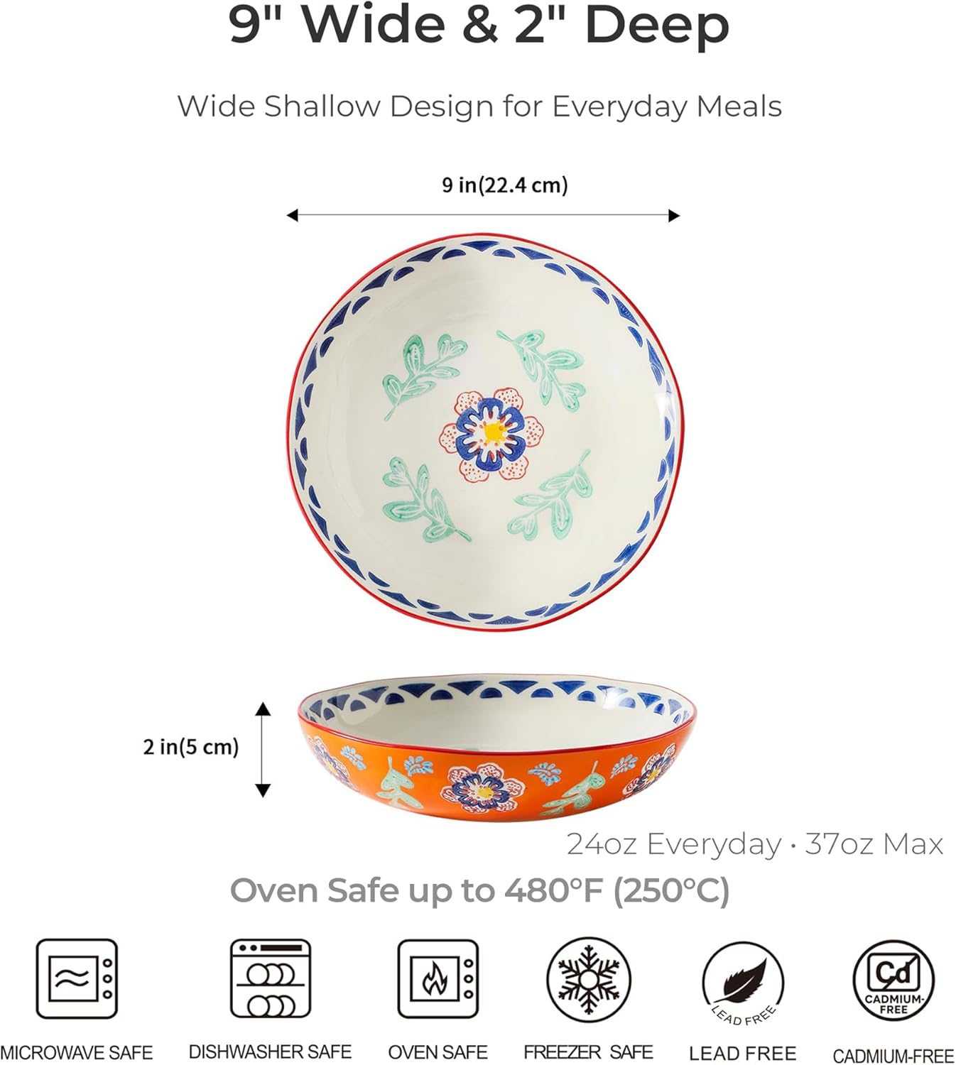 UniqueLife Hand-Painted 9 Inch Pasta Bowls Set of 4, Assorted Designs Wide & Shallow Ceramic Dinner Plates for Salad, Soup & Dessert, Microwave Dishwasher Oven Safe up to 480°F, Gift-Ready