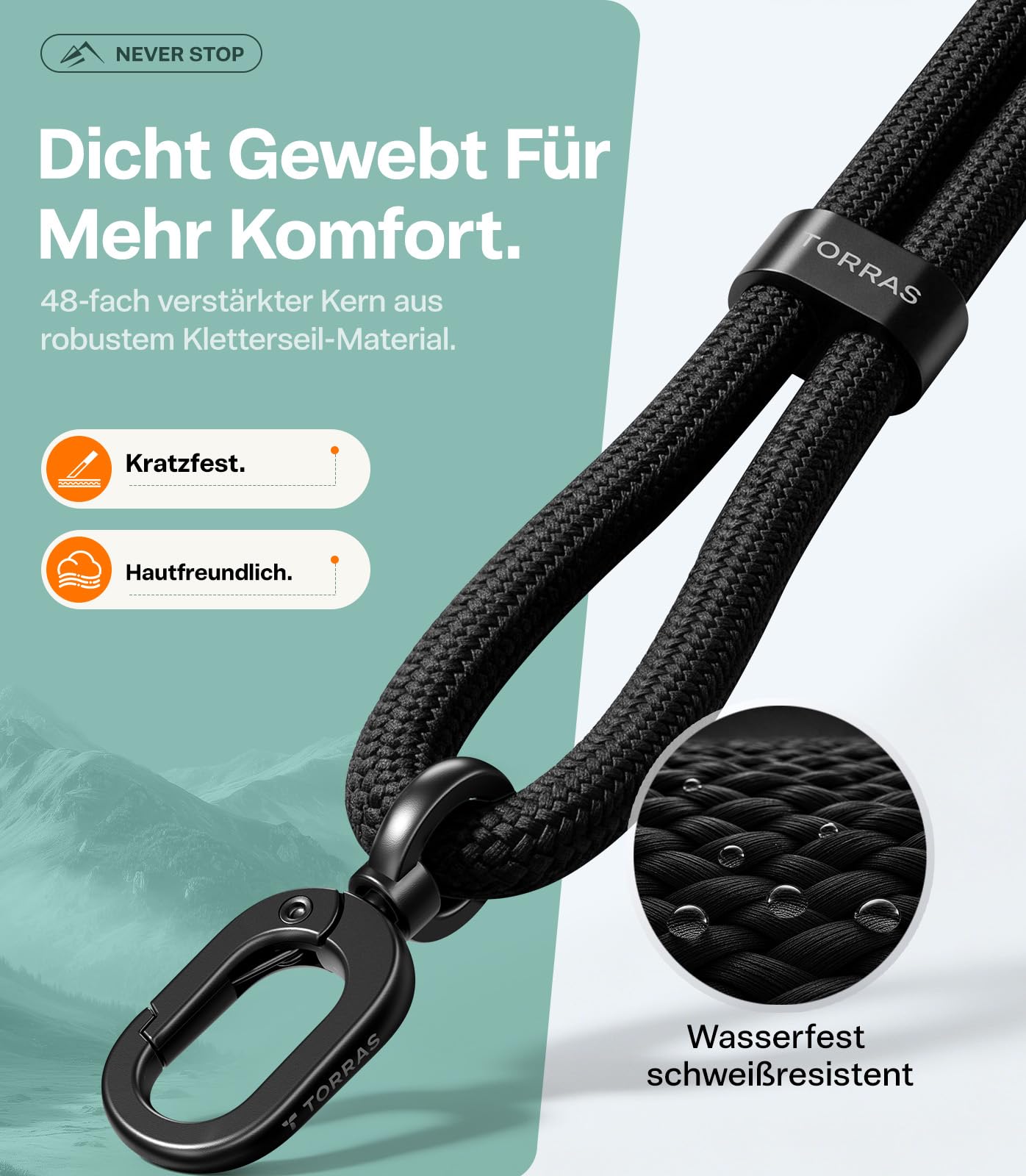 TORRAS Premium Handykette Universal Verstellbar, Anti-Verlust, Extra Robust, für Outdoor & Reise, Doppel-Nylonkordel mit Metallschnalle, kompatibel mit iPhone, Samsung, Schwarz