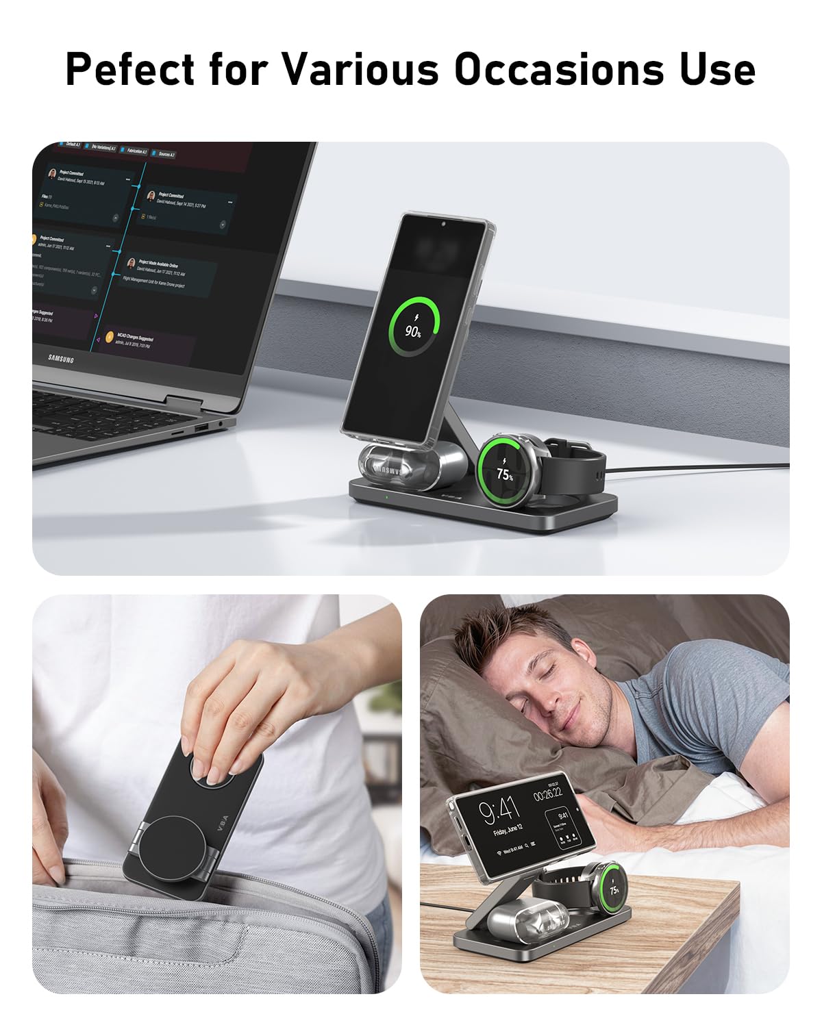 Cargador inalámbrico magnético 3 en 1 para Samsung Galaxy, estación de carga rápida plegable para MagSafe Samsung Galaxy S26 Ultra S25 S24 Z Fold Flip 8 Watch 8 7 Buds 4 3 Pro, no para Samsung Watch 9