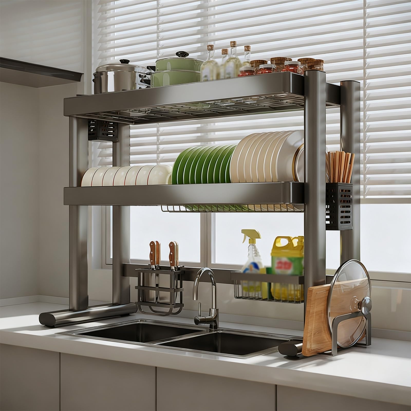 Escurridor de platos para colgar sobre el fregadero, escurridor de platos de doble nivel, organizador de encimera de cocina para platos, vasos, cuencos y cubiertos, ahorra espacio