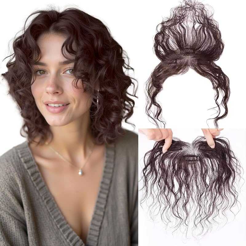 Flequillo rizado con clip para mujer, flequillo de cortina ondulado sintético natural, clip para el cabello en la parte superior, extensión de cabello marrón oscuro