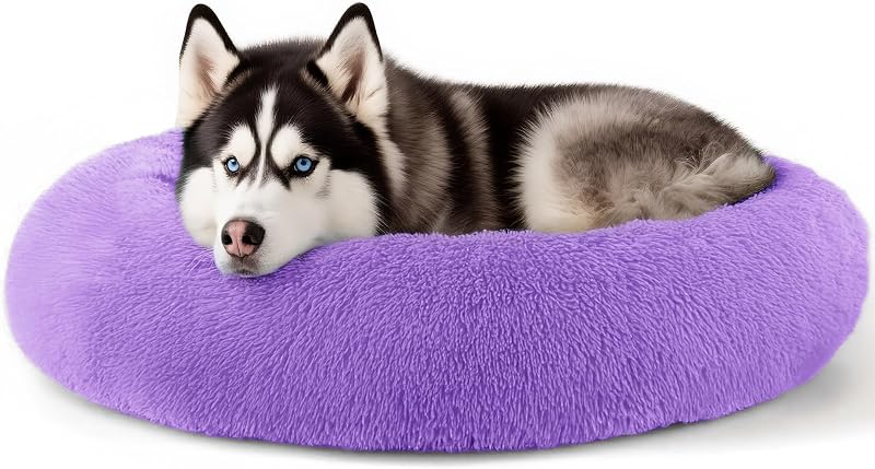 Cama Redonda Extra Grande para Cães com Bordas Elevadas e Base Impermeável Hoewina Roxa – 91,44 x 91,44 x 20,32 cm