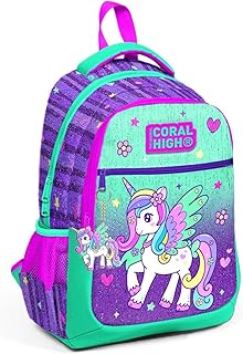 شنطة ظهر مدرسية بثلاث مساحات تخزين للأطفال من كورال هاي - أرجواني وأخضر مائي بنمط يونيكورن