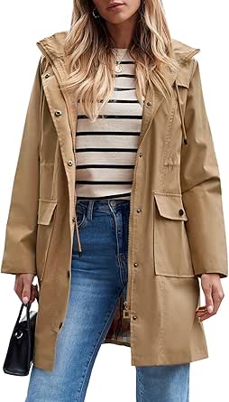 SaphiRose Women's Waterproof Rain Jacket Long Raincoat Hooded Windbreaker Trench Coat