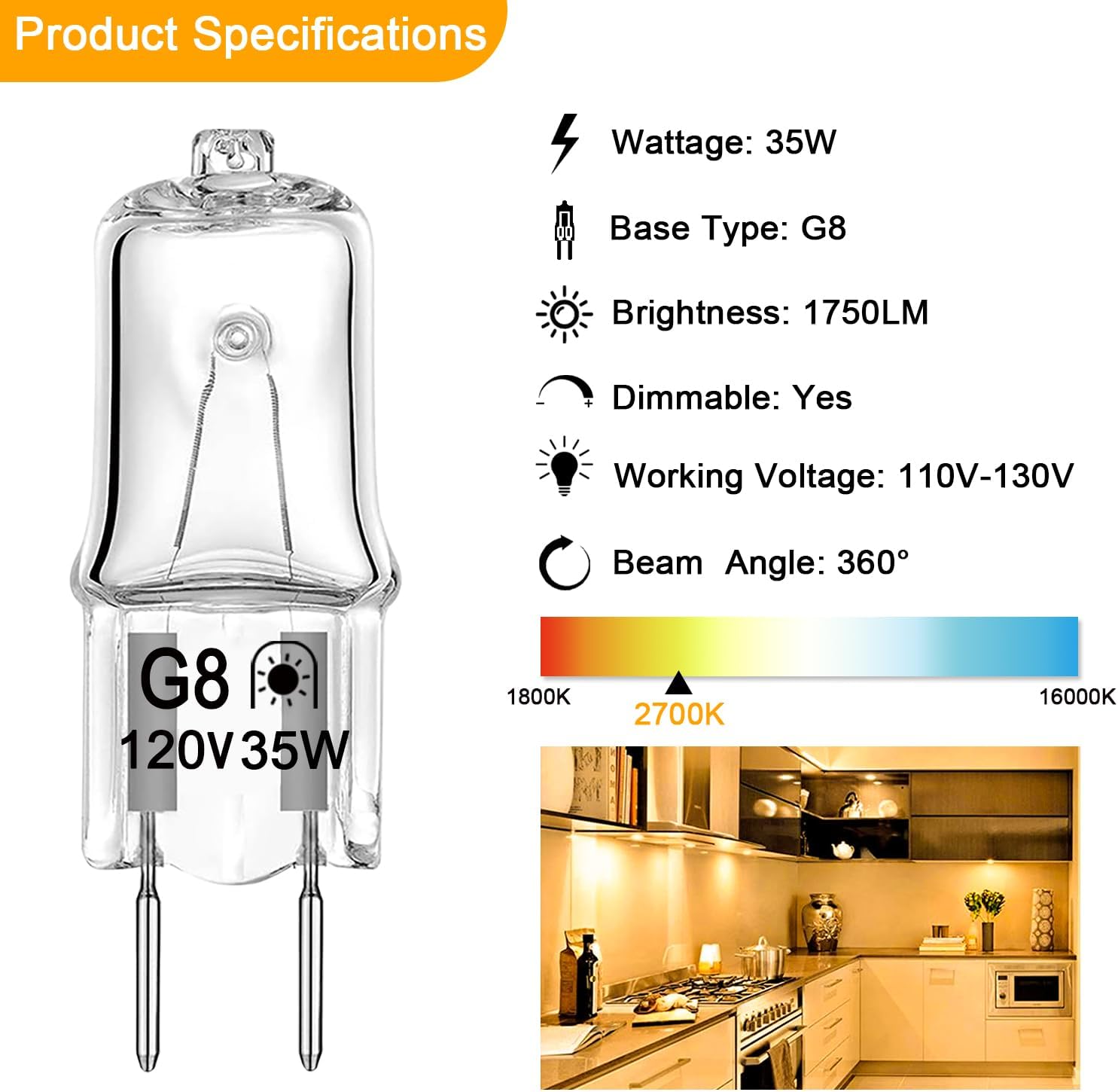 G8 Halogen Bulb 35W 120V T4 JCD Type G8 Base Bi-Pin Xenon Light Bulbs, Dimmable with Long Lasting Lifespan, G8 Halogen Light Bulbs for Under Cabinet Puck Lighting Replacements, Warm White, 12 Packs image 3