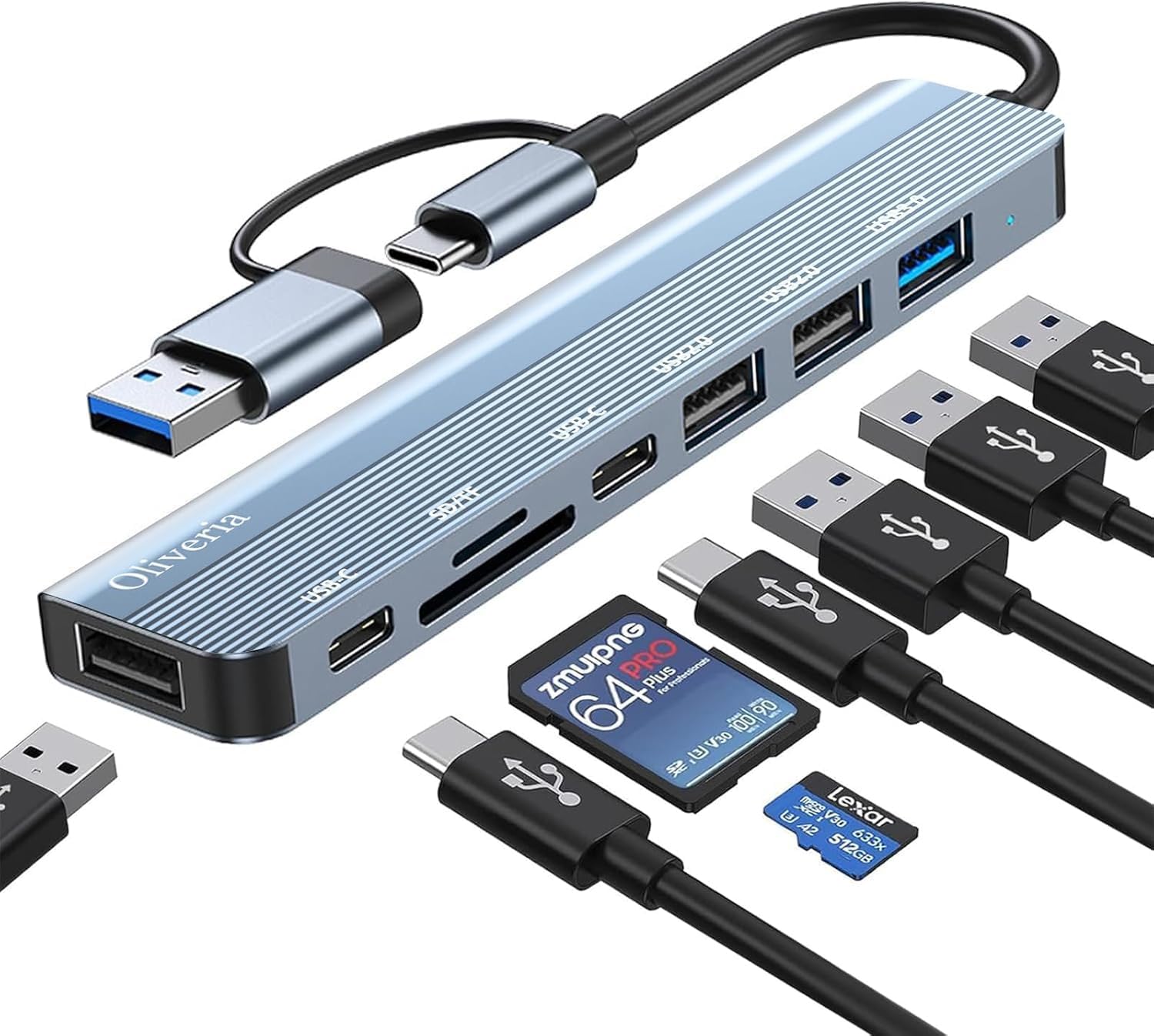 Oliveria USB C Hub 8-in-2, Multiport-Adapter, USB 3.0 & 2.0 Ports, SD & TF Kartenleser, Typ C Port, Kompatibel mit MacBook, Galaxy, iPad