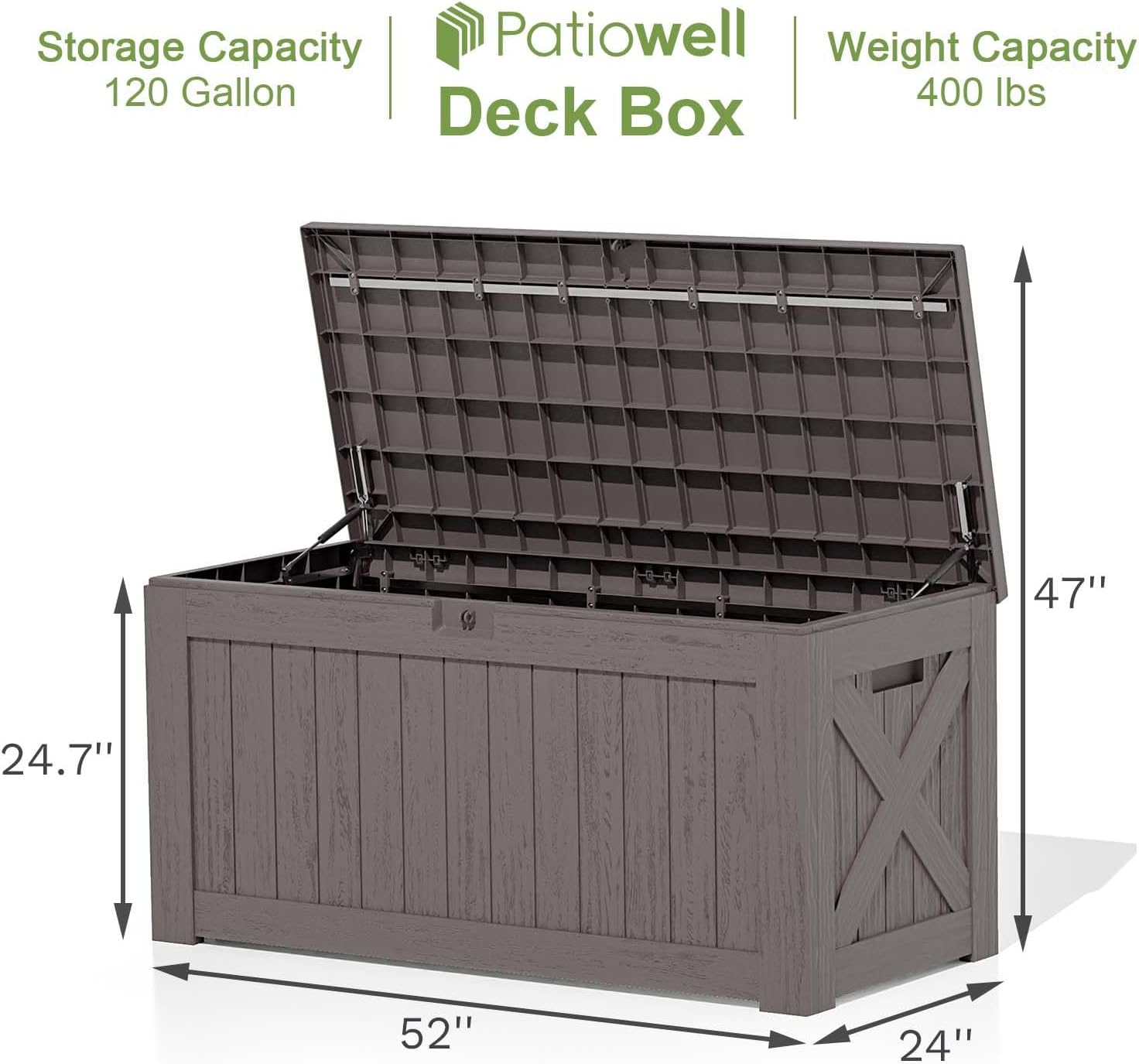Patiowell 120 Gallon Large Deck Box, Outdoor Lockable Storage Box for Gardening Tools, Waterproof Deck Box for Patio Furniture, Brown