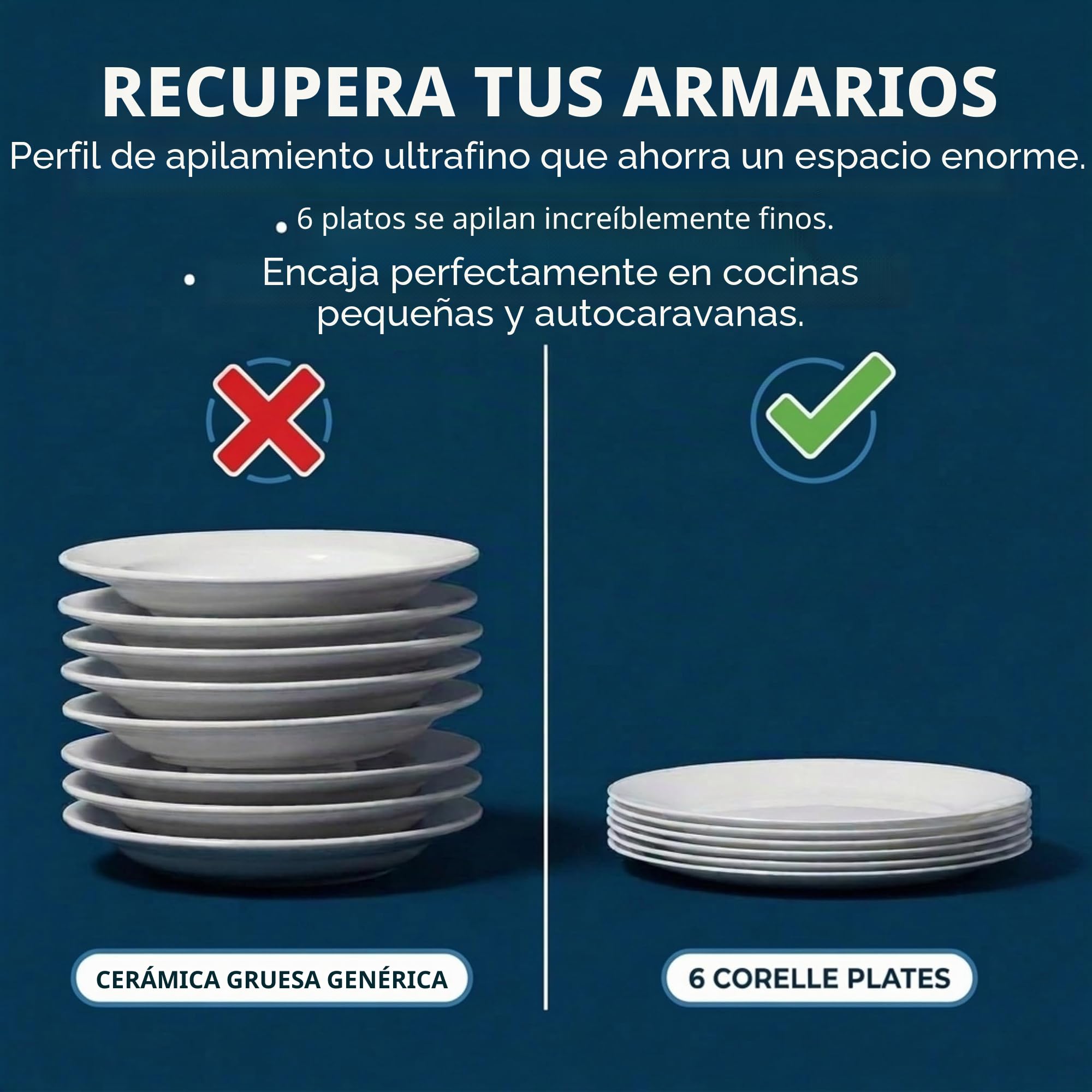 CORELLE Vitrelle - Juego de 6 platos para ensalada (cristal de tres capas, antiastilla), 21,6 cm, color blanco helado
