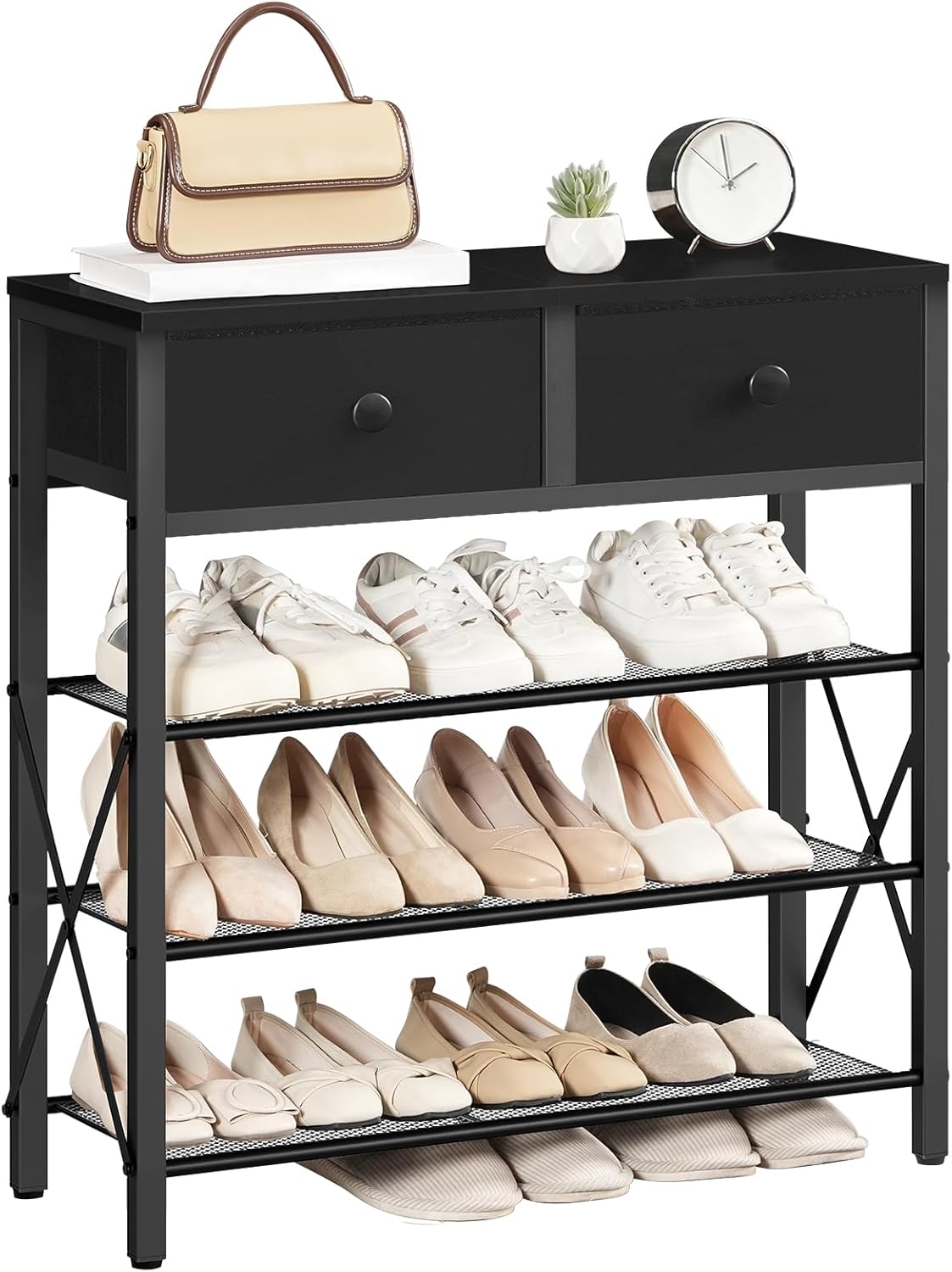 YATINEY 4 Tier Shoe Rack, Large Capacity Shoe Storage Organizer, Metal Shoe Shelf with Drawer and Wooden Top, for 16 Pairs of Shoes, for Entryway, Closet, Black SS24BB