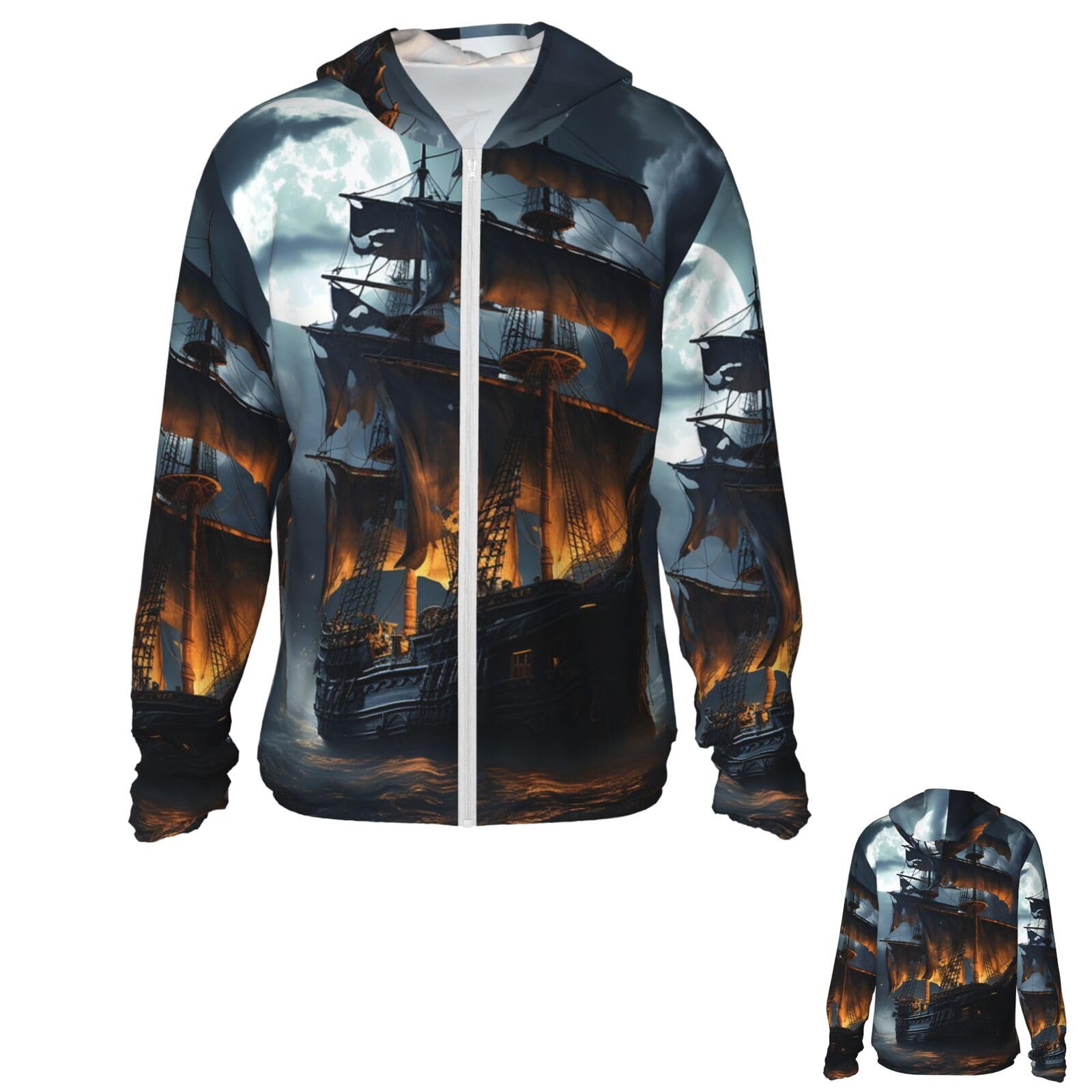 NONHAI Men's Sun Protection Jacket UPF 50+ Full Zipper Long Sleeve UV Hoodie Shirt Pirate Sailboat Full Women's Outdoor Jacket Black