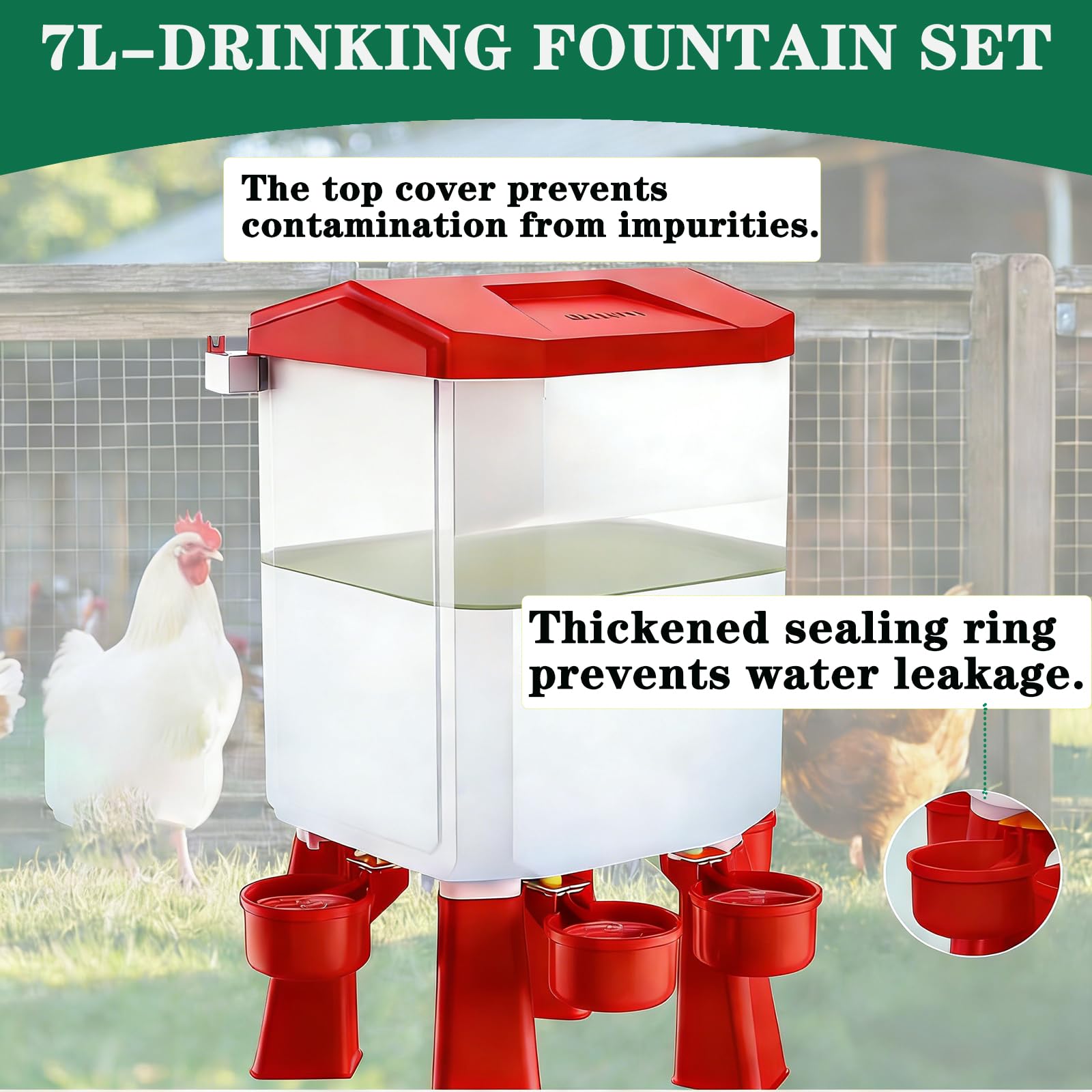 10L Abbeveratoio per Galline E Mangiatoia per Galline Mangiatoia Regolabile 2 in 1 per Pollame, with 4 Water Cup And 2 Feeding Ports per Anatre Quaglie Tacchini E Pulcini,Rosso,Feeding Trough