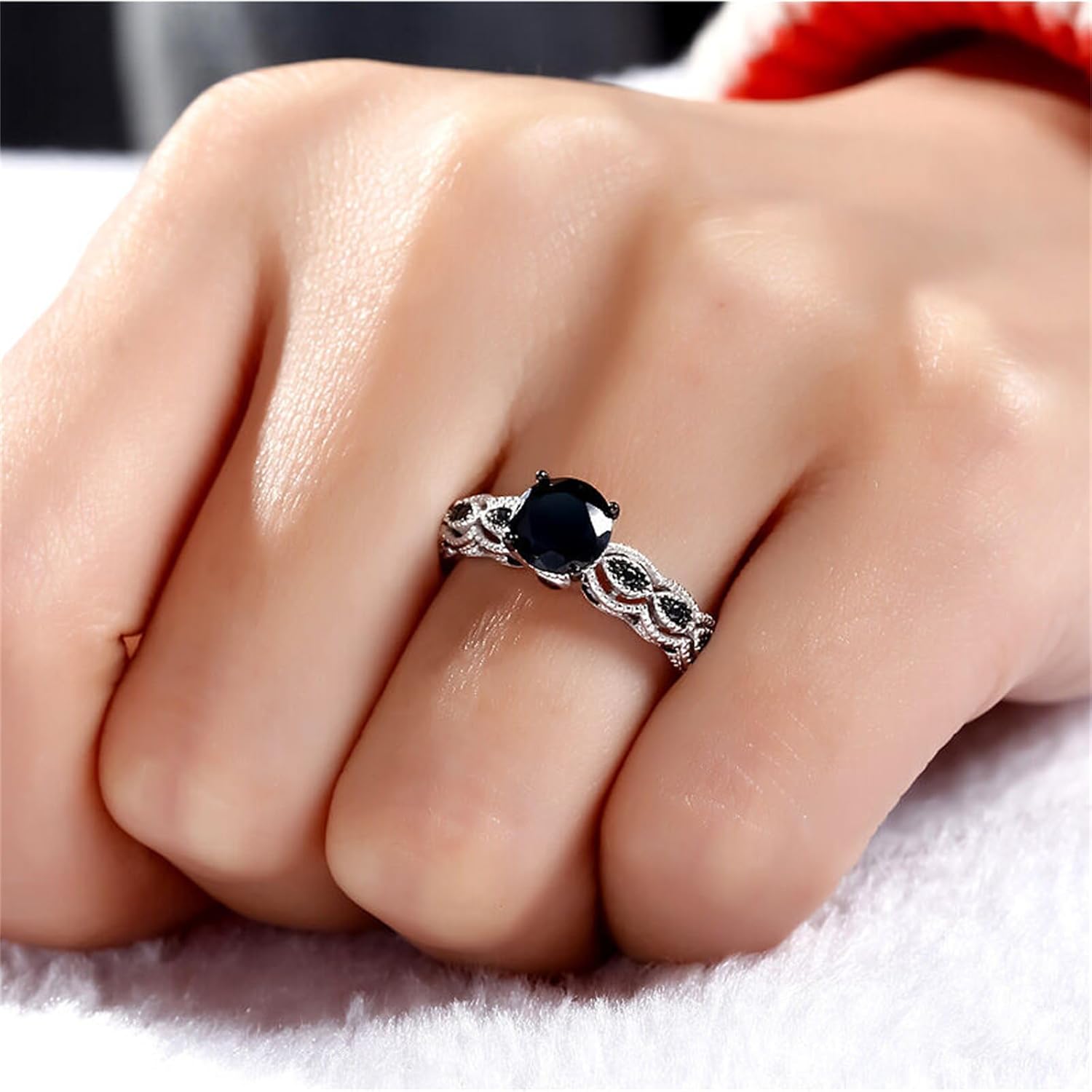 Jeulia 2 Carat Vintage Milgrain Engagement Ring Women 925 Sterling Silver Black Diamond Wedding Rings Round Cut CZ Cubic Zirconia Eternity Rings with 0.46 Ct White Diamond Valentine Gift - Image 6