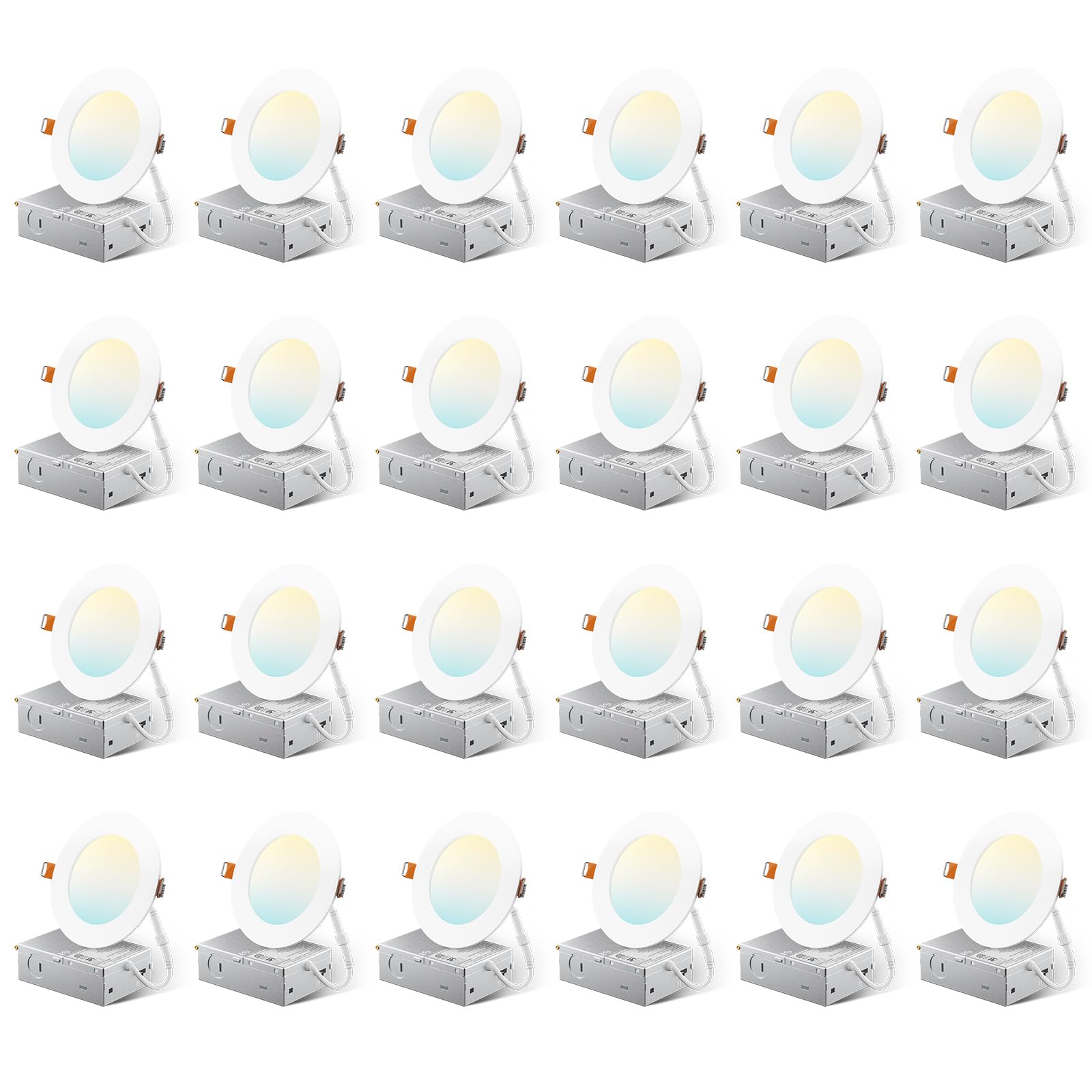 Amico 24 Pack 4 Inch 5CCT Ultra-Thin LED Recessed Ceiling Light with Junction Box, 2700K/3000K/3500K/4000K/5000K Selectable, 800 Lumens, Dimmable Canless Wafer Downlight, 10W Eqv 60W-ETL&FCC