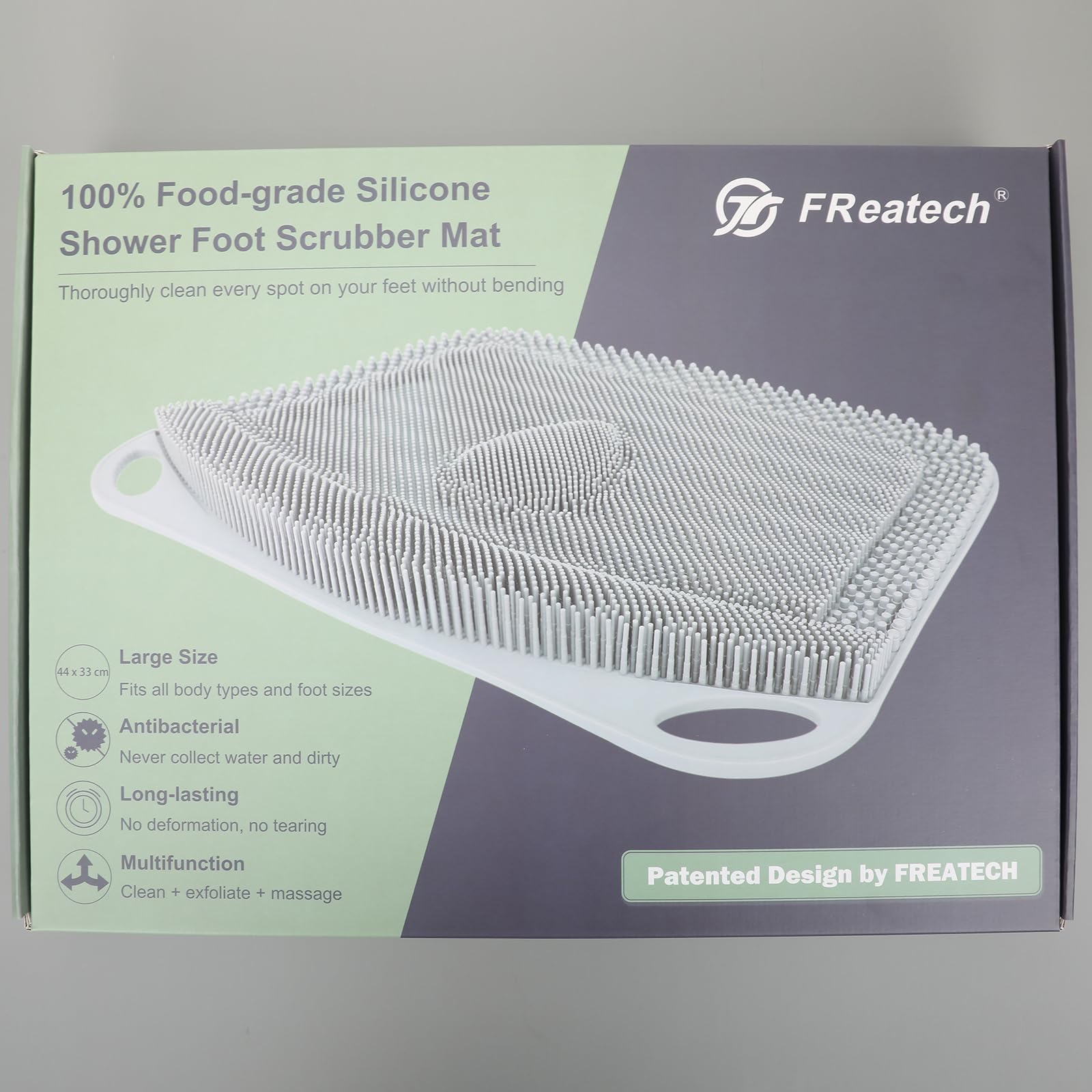 FREATECH Silikon Fußschrubber Matte, Fußbürste Dusche - mit Rutschfesten Saugnäpfen, Duschmatte für Allround Reinigung, Peeling und Massagefunktion, Fördert die Fußgesundheit, Grau, 44 x 33 cm