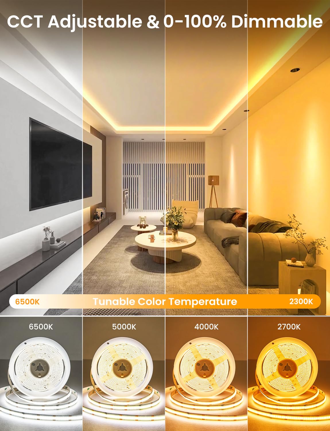 COB - Tira de luces LED inteligente para recámara (16.4 pies)