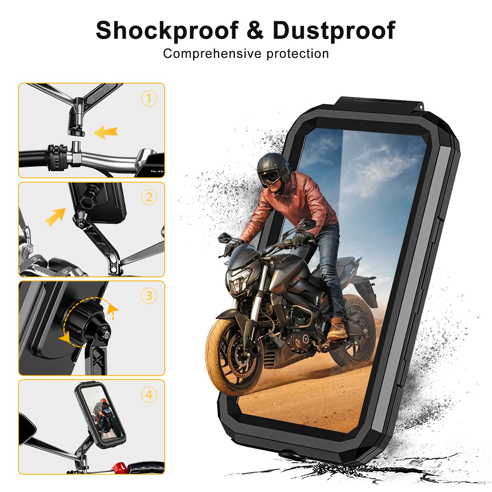 Support Téléphone Moto étanche Rotation à 360 Anti-Vibrations Porte Telephone Moto avec ID Tactile Sensible Support Smartphone Scooter Rétroviseur pour 5.5-6.8 Pouces Smartphones (Noir, L)