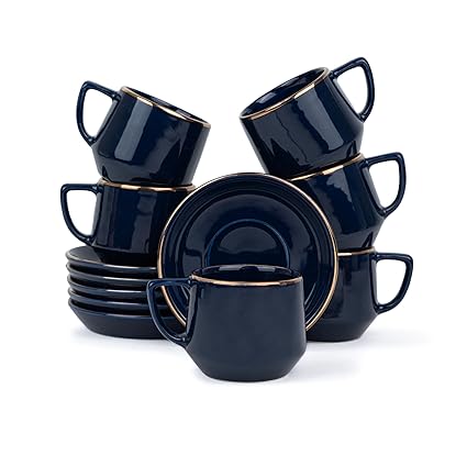 Shay Ceramic Cup and Saucer Set of 6, Blue Gold, 200ml | Cup Saucer Set | 6 Cups and 6 Saucers | Glossy Finish | Tea Set | Ceramic Tea Cup and Saucer Set (Oblique Cups & Saucers, Blue Gold)