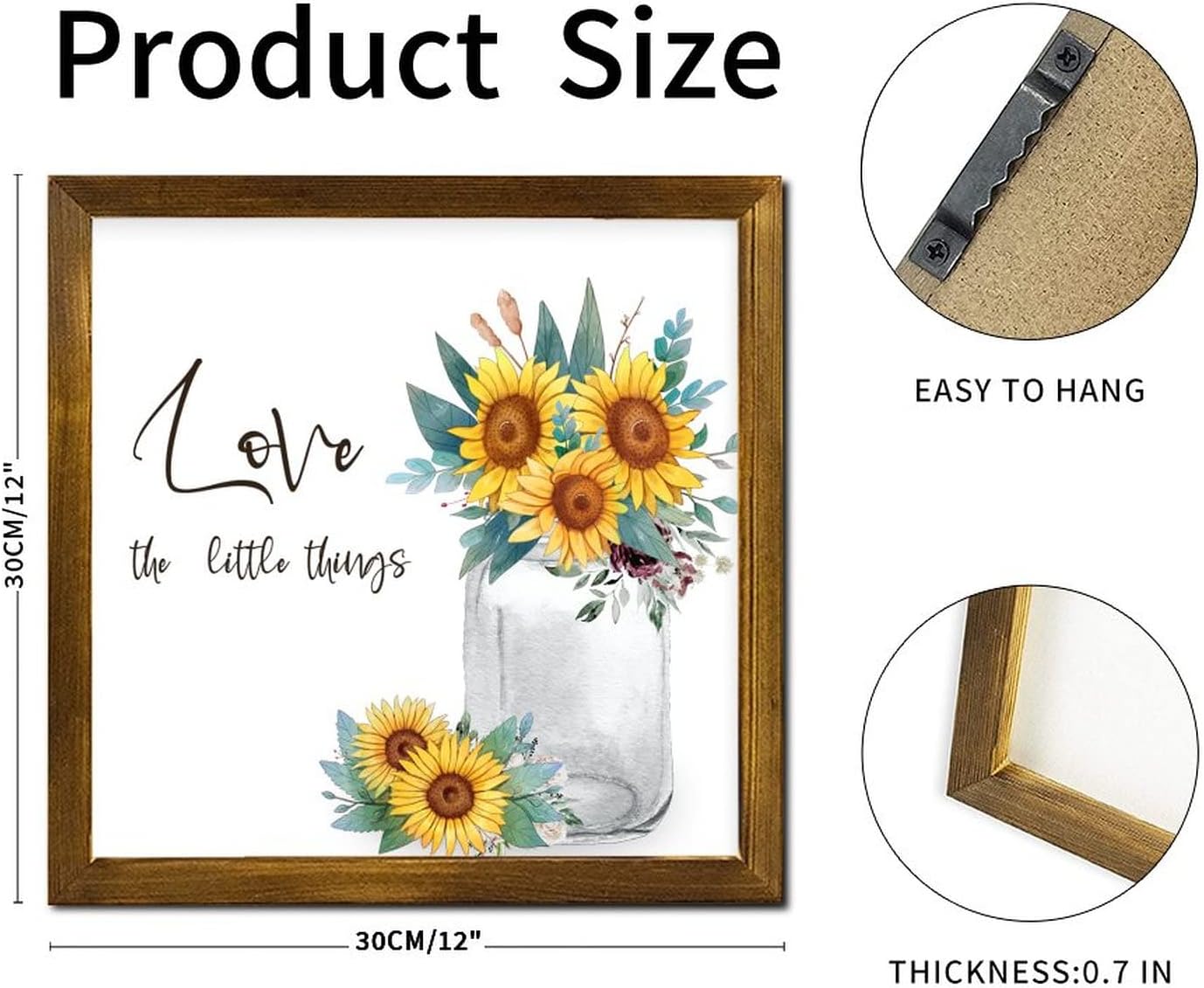 Love The Little Things Framed Wooden Sign Spring Sunflower Flower in Vase Wood Plaque Rustic Garden Floral Wall Art Hanging Farmhouse Decoration Plaque for Bedroom Shelf Kitchen Home 12x12 inch