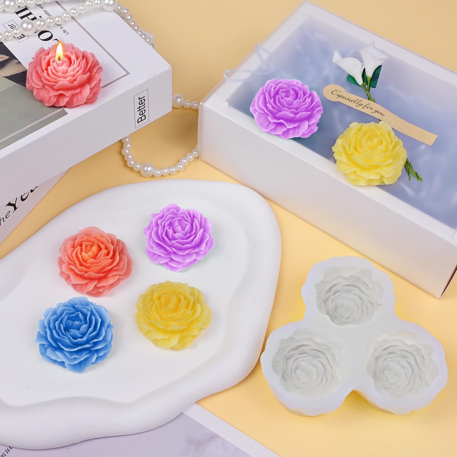 Grand bougie de pivoine 3D en Silicone, moule à fleurs parfumées faites à la main, bougie en gypse, cire, résine, fournitures de fabrication de savon, décoration de maison  15