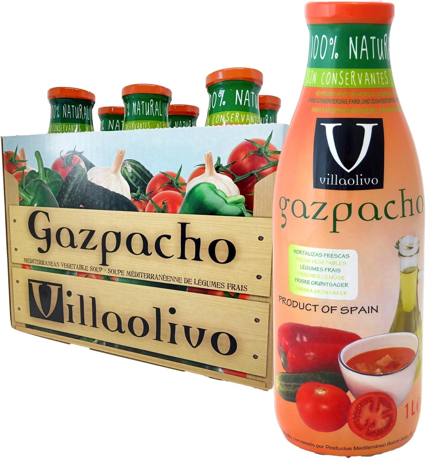 Villaolivo - Gaspacho 1L | Lot de 6 bouteilles en verre | Recette traditionnelle, 100% naturelle et sans conservateurs