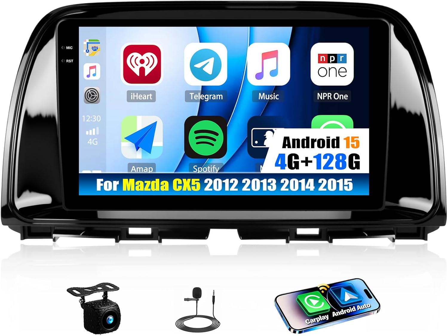 [4G+128G] Android 15 Car Radio for Mazda CX5 2012 2013 2014 2015 with Wireless CarPlay Android Auto,9 inch Touchscreen Car Stereo with WiFi,GPS Navigation,Bluetooth,FM/RDS SWC EQ+Backup Camera