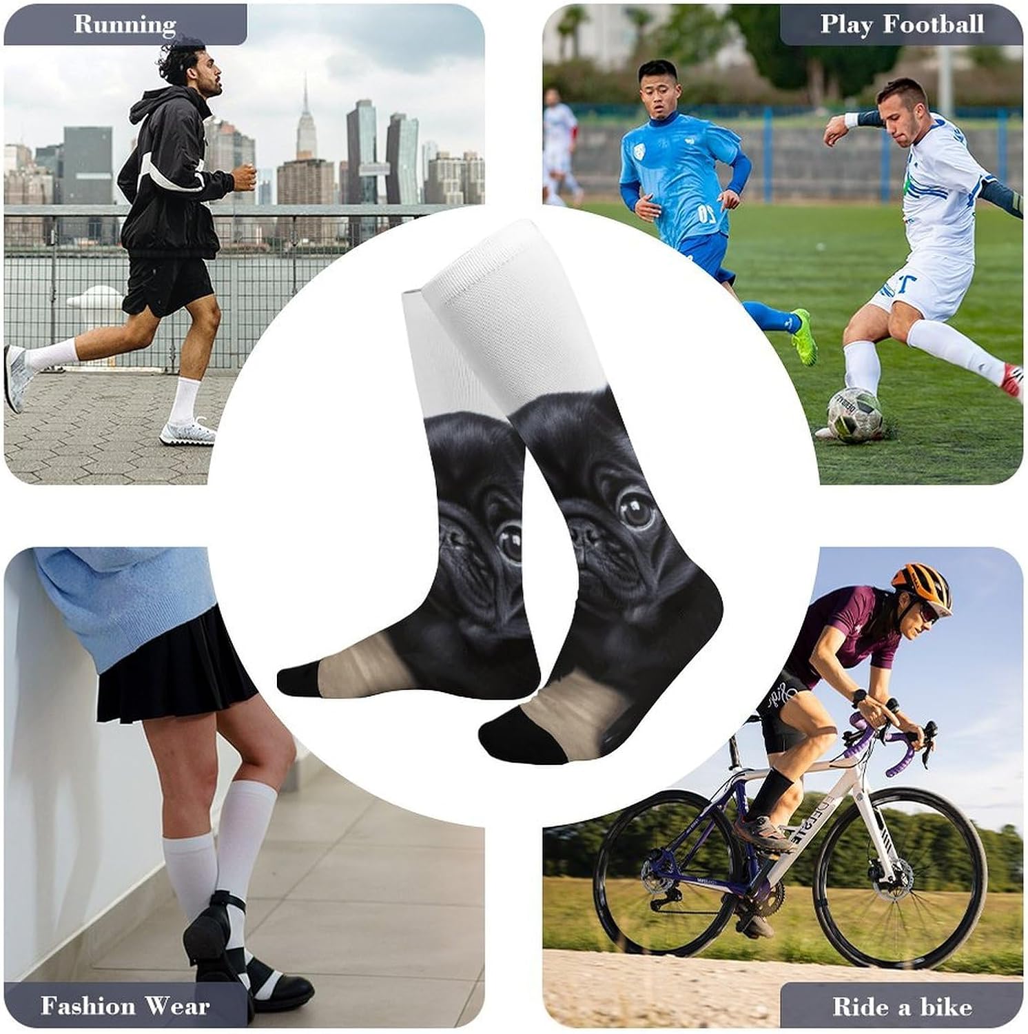 Black Pug Knee High Soccer Socks Moisture Wicking