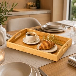 %100 Doğal Bambu Servis Tepsisi 33 x 22 cm, Kulplu Kahvaltı Tepsisi, Çay ve Kahve Sunum Tepsisi, Hafif ve Dayanıklı Çok Amaçlı Bambu Tepsi