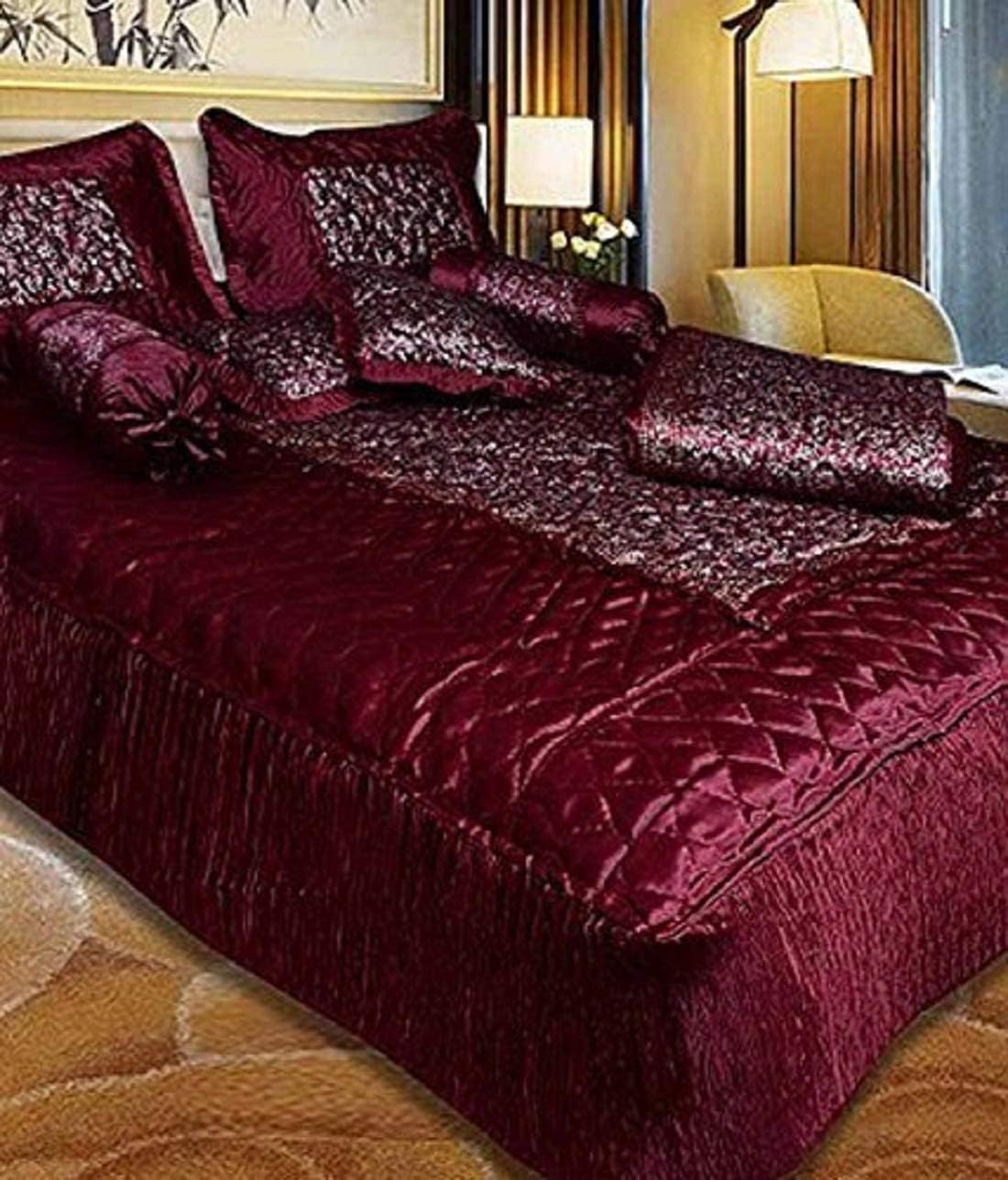 RUBSNETIX Satin Gold Printed Double Bed Bedding Wedding Set 1 Double Bed Bedsheet 2 Pillow Cover 1 Double Bed AC Comforter 2 Filled Cushions 2 Filled Bolsters - Set of 8 pcs (Maroon)