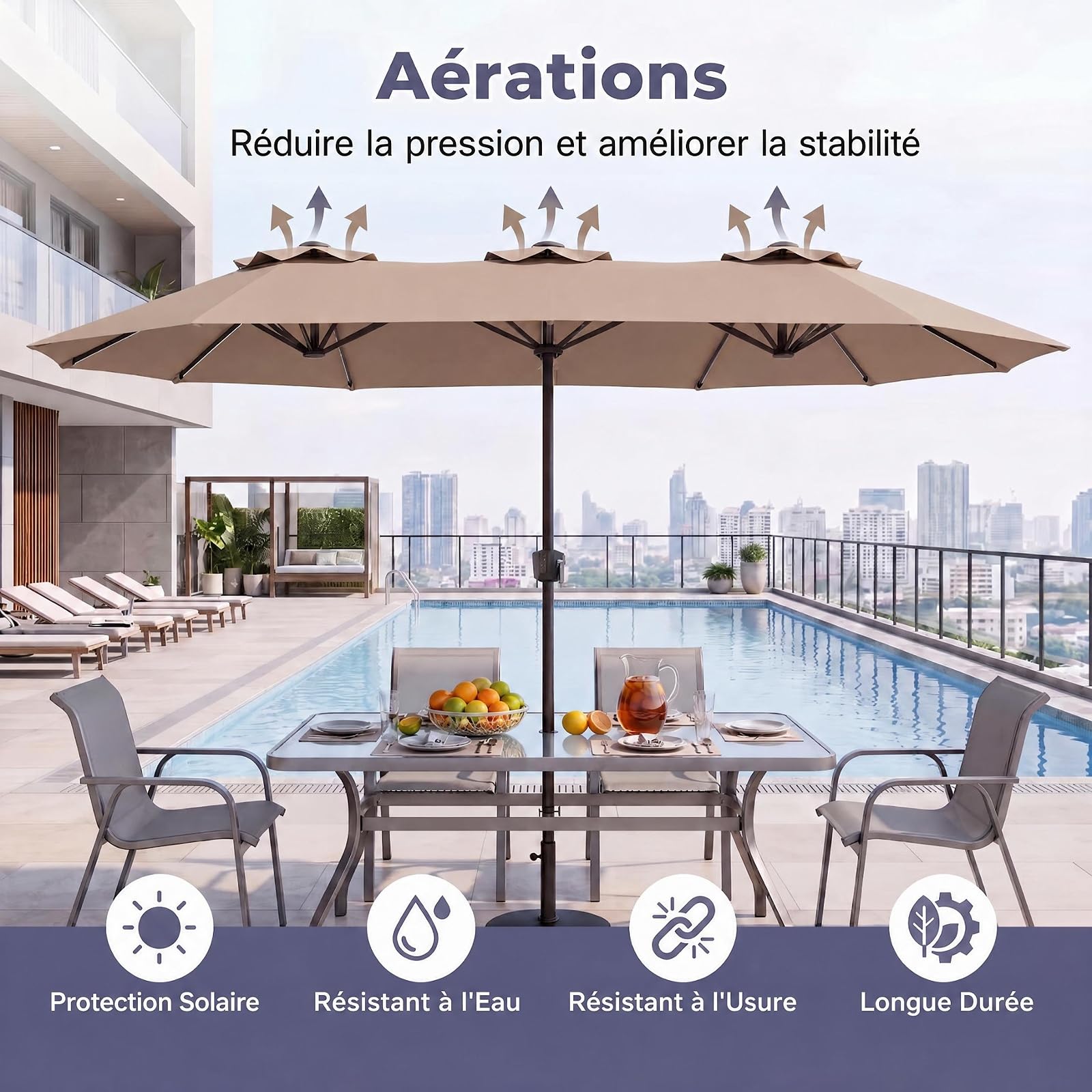 RELAX4LIFE Grand Parasol Double avec LED Multicolore, Parasol de Jardin Extérieur 4M, 12 Baleines, Manivelle, Mât en Métal Revêtu, Polyester Résistant, Abri Solaire pour Terrasse Événement (Marron)