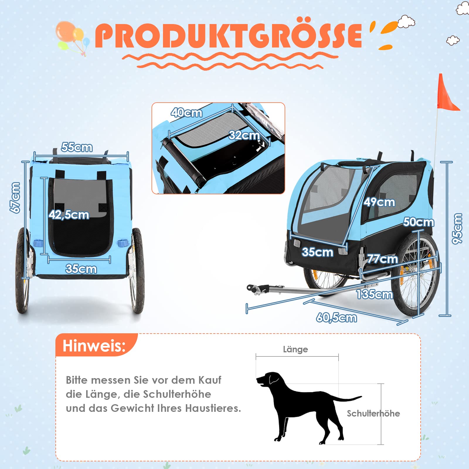 GYMAX Fahrradanhänger, Hundebuggy mit Sicherheitsfahne & 3 Eingängen, klappbarer Hundewagen bis 40kg belastbar, Haustierwagen mit Universalräder, Transportwagen für Hunde